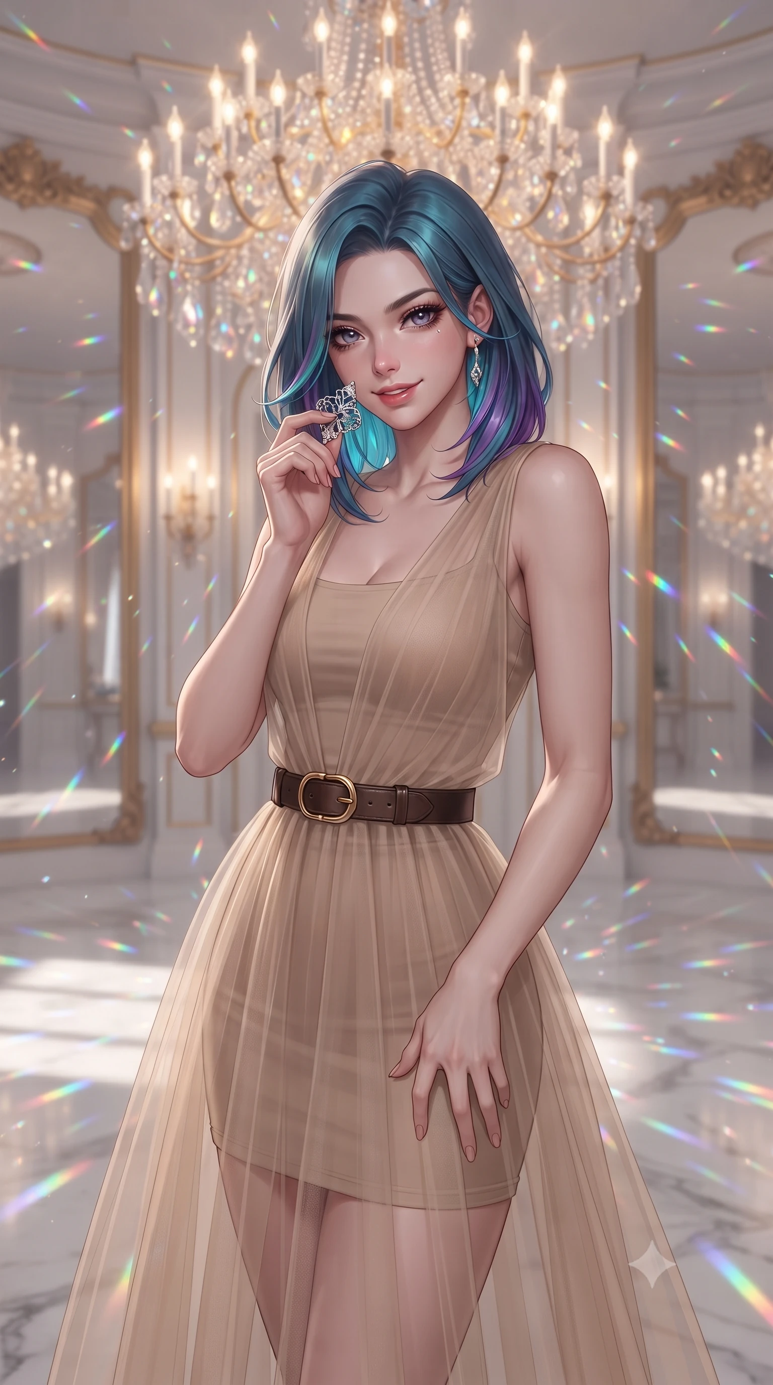 score_9, masterpiece, best quality, ultra-detailed, high-budget anime keyframe, editorial fashion photography, tasteful artistic composition, Caucasian woman, strictly human ears. close-up cowboy shot from the waist and thighs up, the character dominates the composition, filling the frame with her large presence, background elements kept in soft focus. Holding a delicate object up near her face while gazing at the viewer with a knowing smile. set against a soft-focus background of a palatial ballroom with a centerpiece chandelier of ten thousand hand-cut crystals white marble floors reflecting everything and tall gilded mirrors multiplying the space into apparent infinity. She has an exceptionally elegant and slender, willowy female figure with an ultra-slim waist, a gracefully sculpted slender torso, and a refined slim physique. sharp v-shaped jawline, high-bridge nose, intricate jewel-like eyes with depth, thick eyelashes, glossy lips with a natural sheen. wearing a transparent overlay skirt in beige tulle over a fitted matching mini dress, styled with a leather belt. thousands of crystal chandelier facets scattering warm candlelight into countless rainbow sparkles across the white marble creating a magical prismatic dancing atmosphere. 2k, ultra detail, master piece, 9:16 ratio