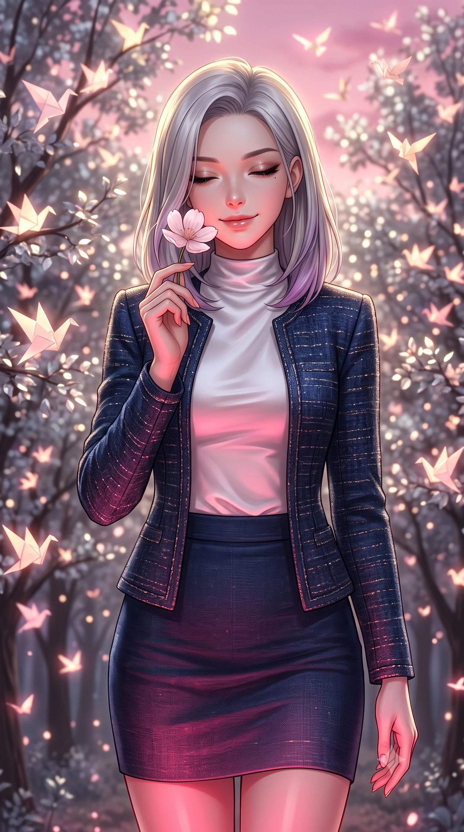 score_9, masterpiece, best quality, ultra-detailed, high-budget anime keyframe, editorial fashion photography, tasteful artistic composition, Caucasian woman, strictly human ears. close-up cowboy shot from the waist and thighs up, the character dominates the composition, filling the frame with her large presence, background elements kept in soft focus. Holding a delicate flower near her cheek, smiling with dreamy happiness. set against a soft-focus background of in a forest clearing filled with silver-leaf trees where thousands of glowing paper birds nest and take flight into a pink evening sky. She has an exceptionally elegant, slender, and willowy female figure with a highly-defined ultra-slim waist, a gracefully sculpted slender torso, and a refined slim-fit silhouette that contours her form. sharp v-shaped jawline, high-bridge nose, intricate jewel-like eyes with depth, thick eyelashes, glossy lips with a natural sheen. wearing a navy blue tweed jacket over a white satin mock-neck top, paired with a matching navy blue pencil skirt. dramatic contrast of hot pink furnace glow from below and cool golden light from above. 2k, ultra detail, master piece, 9:16 ratio