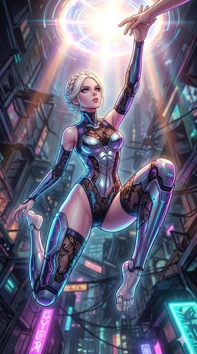 score_9, masterpiece, best quality, ultra-detailed, high-budget anime movie keyframe, cinematic anime lighting, intricate line art, Caucasian (strictly human ears) woman. Extreme high angle shot as she leaps towards the camera, filling the frame. rea