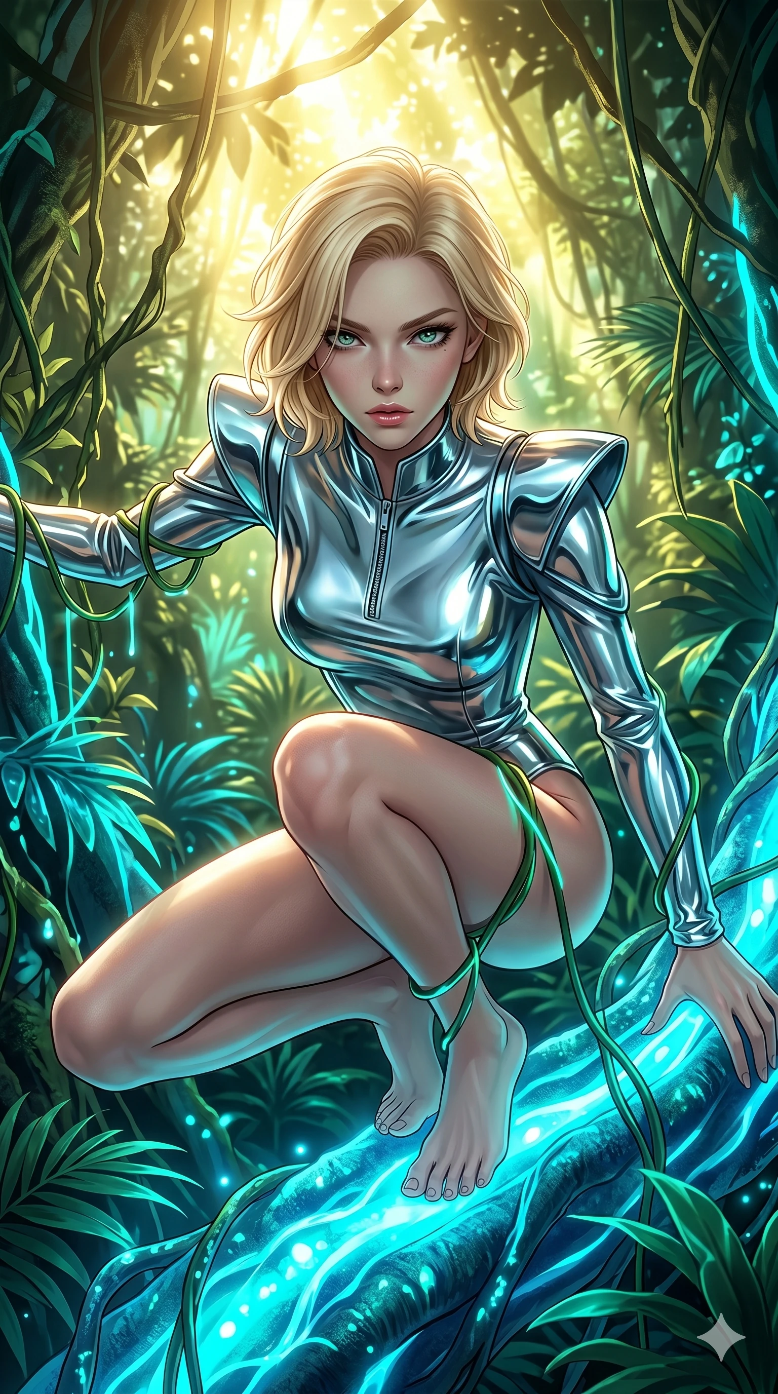 score_9, masterpiece, best quality, ultra-detailed, high-budget anime keyframe, editorial fashion photography, tasteful artistic composition, Caucasian woman, strictly human ears. Upper body close-up from the thighs up, character filling the screen for maximum presence. She is crouching dynamically on a massive bioluminescent jungle root, wrapped in glowing vines. She leans close to the camera, looking through the foliage with a piercing, animalistic gaze. She has an absolutely perfect 8-heads proportion, a tall and elegant figure with a refined silhouette and a defined waistline. V-shaped jawline, high-bridge nose, intricate jewel-like eyes with depth, thick eyelashes, glossy lips with a natural sheen. She is wearing a sleek tailored top in liquid-chrome finish that complements her silhouette, styled with sophisticated architectural shoulder accents and a modern zip collar. The scene is bathed in bright sunbeams filtering through a dense canopy and glowing cyan ambient forest light. 2k, ultra detail, master piece, 9:16 ratio