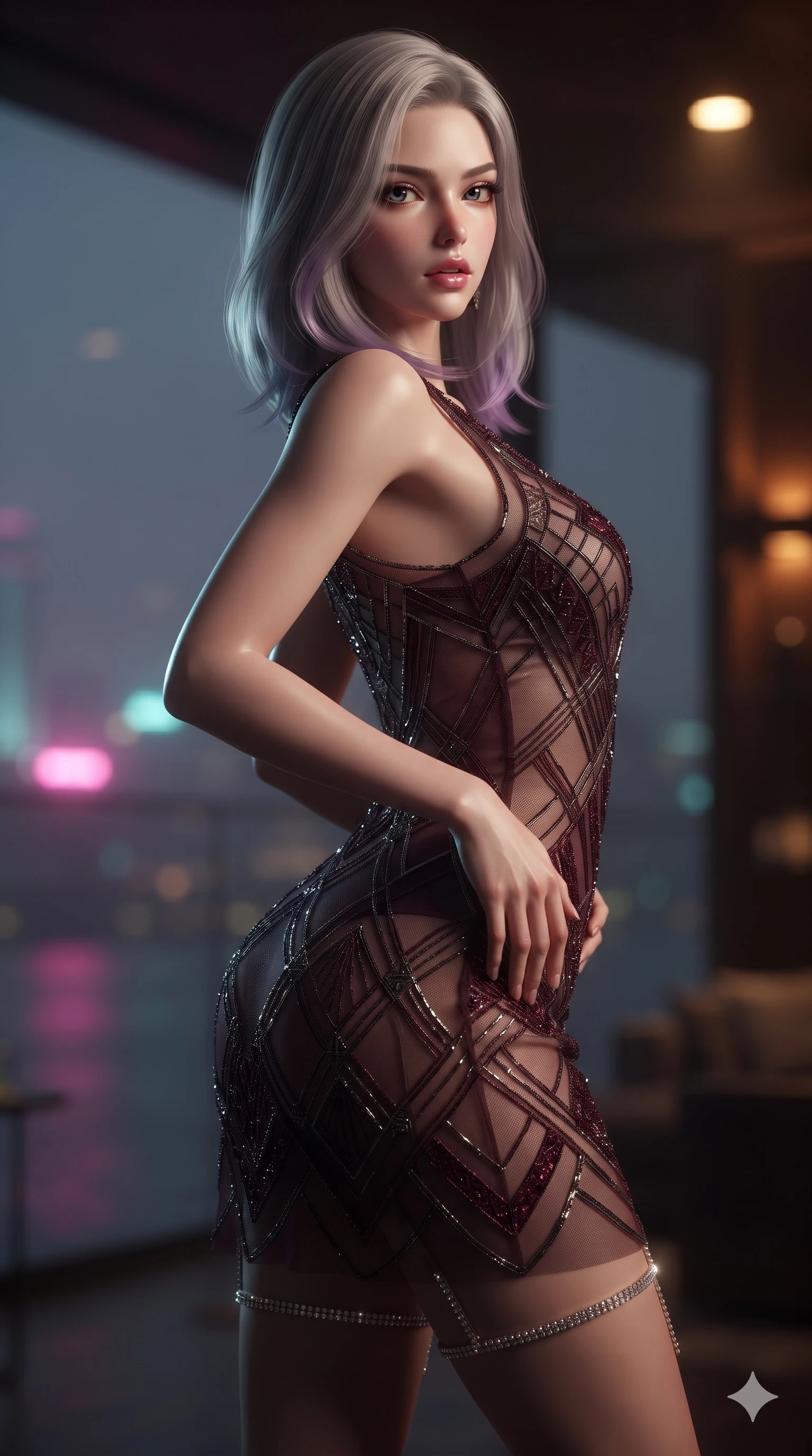 score_9, masterpiece, best quality, ultra-detailed, high-budget anime keyframe, editorial fashion photography, tasteful artistic composition, Caucasian woman. close-up cowboy shot from the waist and thighs up, the character dominates the composition, filling the frame with her large presence. twisting her slender torso in a deep contrapposto stance, hips dramatically shifted to accentuate her feminine curves while looking past her shoulder with smoldering bedroom-eyes while arching her spine backward with effortless dancer poise, one hand sliding along her hip line as directional light carves specular highlights along her silhouette. The background shows a soft-focus riverfront evening atmospheric haze softened in high-rise penthouse terrace shallow focus. She has an exceptionally elegant, slender, and willowy female figure with an ultra-slim waist, flat toned midriff, narrow ribcage, and sculpted feminine hips creating an alluring, slim hourglass silhouette without bulk. sharp v-shaped jawline, high-bridge nose, intricate jewel-like sparkling eyes with depth, thick eyelashes, glossy parted lips with a natural sheen, intensely captivating and seductive bedroom-eyes expression, exuding both youthful cute charm and sovereign luxury allure, flawlessly proportioned anatomical accuracy, strict slender model proportions, natural body alignment, perfectly sculpted long slender limbs, ultra-slim waistline, clean dynamic posture without body distortion. wearing a sheer vintage mesh flapper dress adorned with intricate geometric beadwork over an opaque silk micro-slip in deep wine burgundy and brushed dark platinum, woven from buttery-soft stretch lambskin leather adhering to her body like a second skin, finished with delicate crystal-encrusted thigh garter straps glinting in the dim light, the liquid-tight tailored fabric clinging flawlessly to her narrow waist and rounded feminine hips, emphasizing every millimeter of her sculpted slim hourglass curves without any bulky heaviness. bathed in vibrant magenta and electric cyan river skyline reflections contrasting with warm amber interior downlights. ultra-reflective glossy finish, specular highlights, rich textural contrasts, high-contrast stereoscopic depth, volumetric dynamic lighting, 2k, ultra detail, master piece, 9:16 ratio