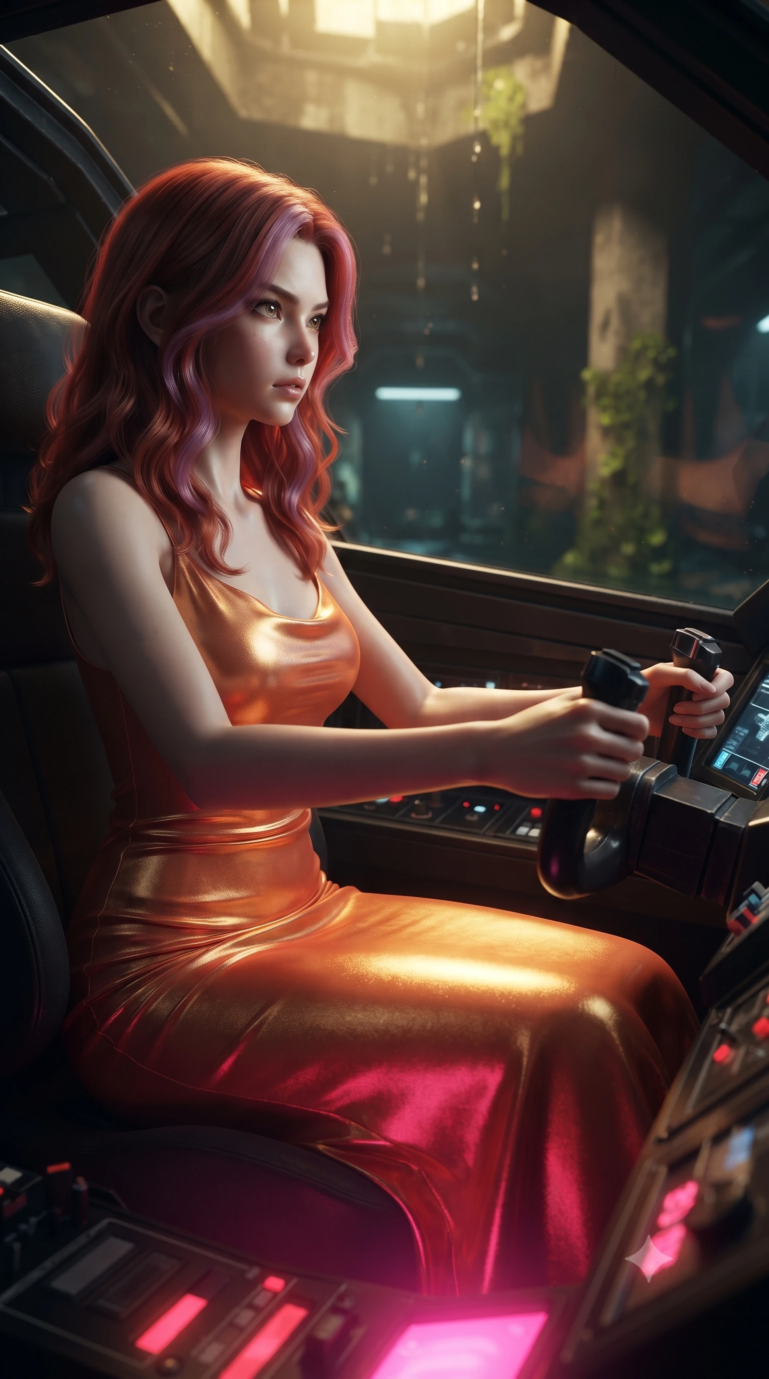 score_9, masterpiece, best quality, ultra-detailed, high-budget anime keyframe, editorial fashion photography, tasteful artistic composition, realistic cosplay photography, Caucasian woman, strictly human ears. close-up cowboy shot from the waist and thighs up, the character dominates the composition, filling the frame with her large presence, background elements kept in soft focus. Piloting a starfighter through a tight asteroid gap, hands tight on the flight yoke, looking sharply left. set against a soft-focus background of a dark reservoir inside a slum, glowing algae growing on concrete pillars, water dripping from the ceiling. She has an exceptionally elegant and slender, willowy female figure with an ultra-slim waist, a gracefully sculpted slender torso, and a refined slim physique. sharp v-shaped jawline, high-bridge nose, intricate jewel-like eyes with depth, thick eyelashes, glossy lips with a natural sheen. wearing catching and diffusing the glowing particles, shimmering softly in response to the surrounding light, a form-contouring liquid silk charmeuse gown in a sunset gradient of orange and gold, clinging and pooling along her tall, slender silhouette. dramatic contrast of hot pink furnace glow from below and cool golden light from above. ultra-reflective glossy finish, specular highlights, metallic sheen, high-contrast stereoscopic depth, volumetric dynamic lighting, 2k, ultra detail, master piece, 9:16 ratio