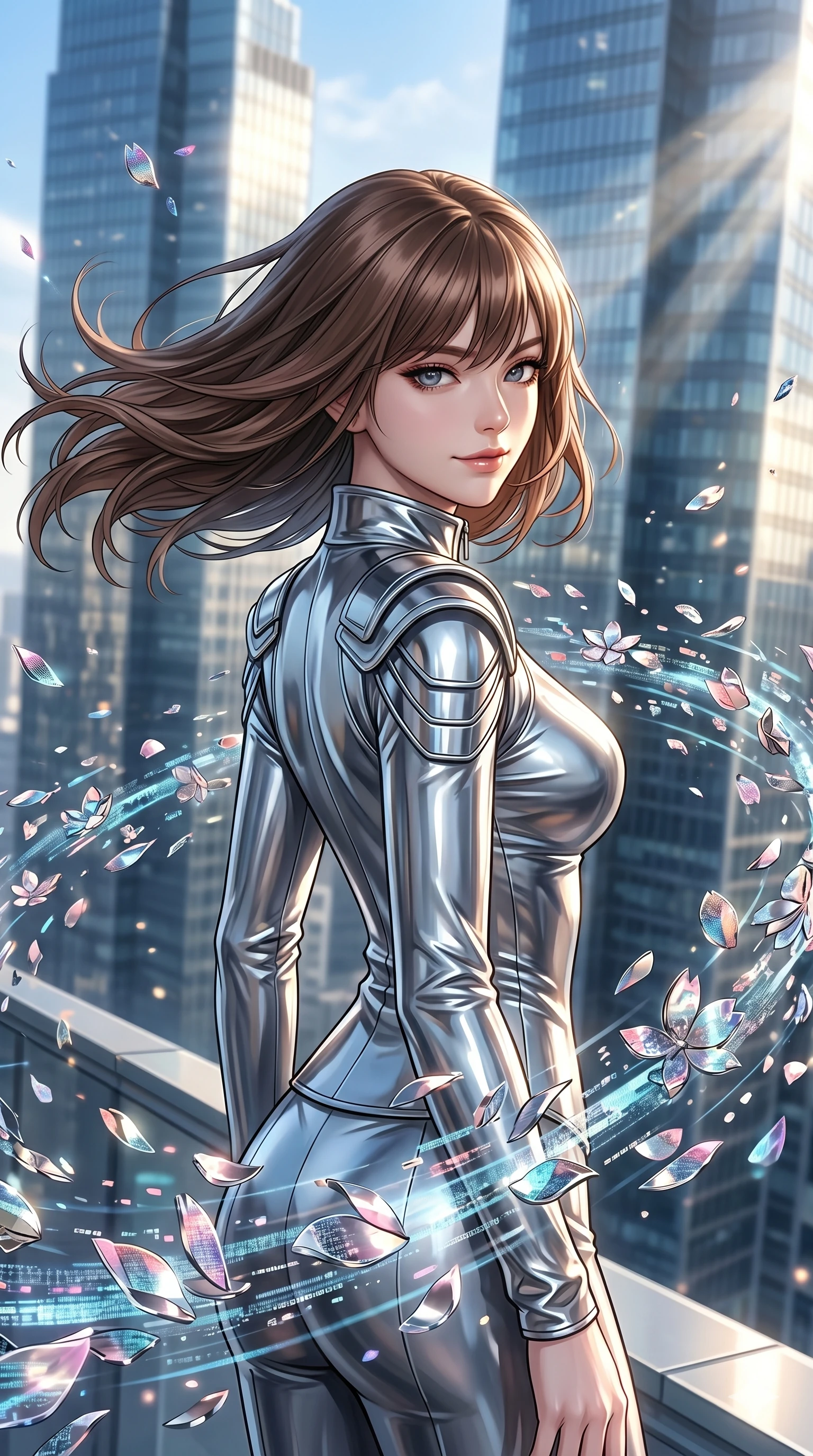 score_9, masterpiece, best quality, ultra-detailed, high-budget anime keyframe, editorial fashion photography, tasteful artistic composition, Korean woman. Upper body close-up from the thighs up, character filling the screen for maximum presence. She is standing on the edge of a skyscraper, her hair and clothes whipping in the wind as cybernetic sakura petals blizzard around. She twists her upper body dramatically with a confident half-smile. She has an absolutely perfect 8-heads proportion, a tall and elegant figure with a refined silhouette and a defined waistline. V-shaped jawline, high-bridge nose, intricate jewel-like eyes with depth, thick eyelashes, glossy lips with a natural sheen. She is wearing a sleek tailored top in liquid-chrome finish that complements her silhouette, styled with sophisticated architectural shoulder accents and a modern zip collar. The scene is bathed in brilliant morning sunlight and sharp sun rays reflecting off distant glass skyscrapers. 2k, ultra detail, master piece, 9:16 ratio