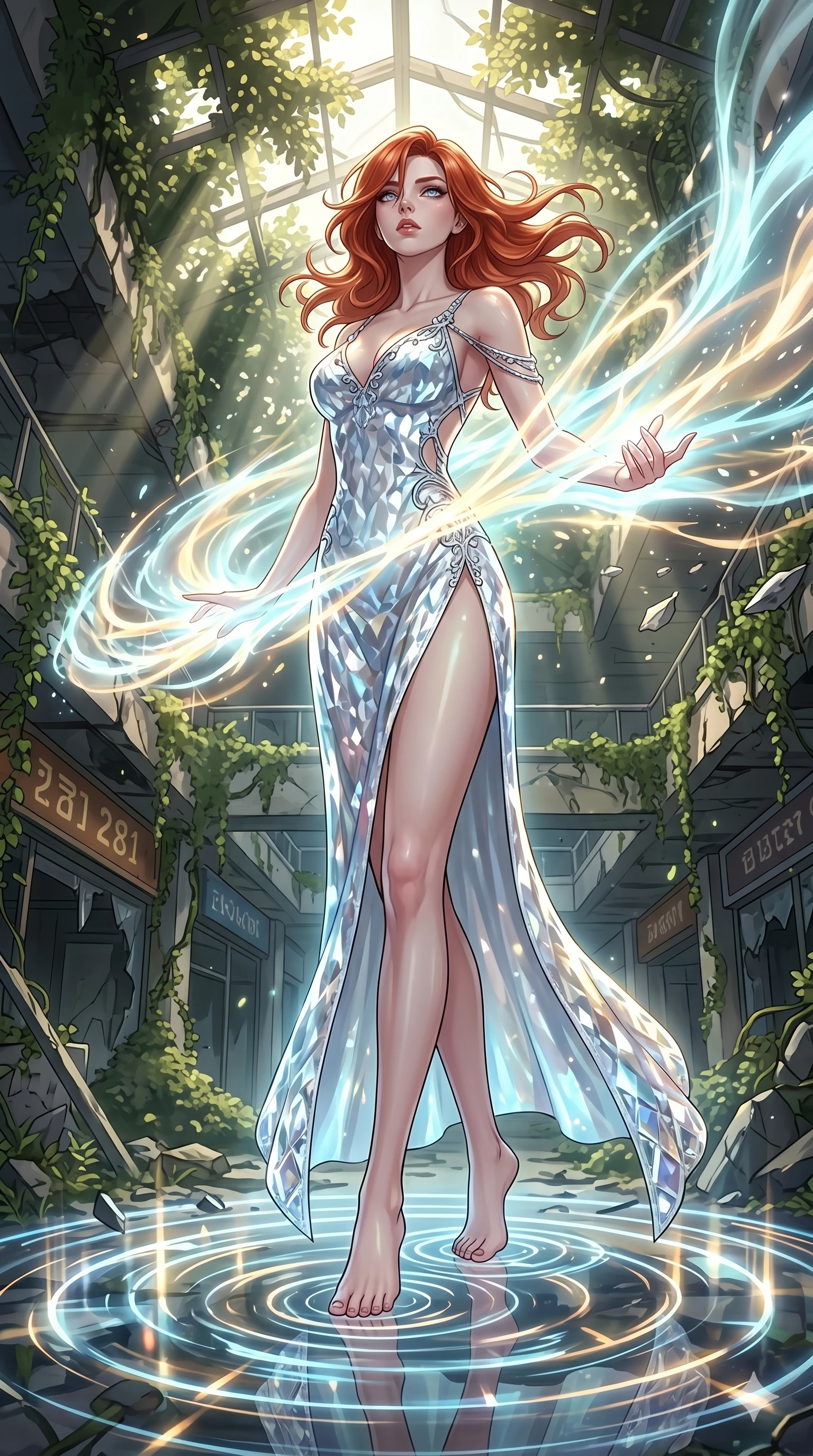 score_9, masterpiece, best quality, ultra-detailed, Set A: High-budget Anime Keyframe, Caucasian (human ears) woman. Low angle cowboy shot filling the entire 9:16 frame with her statuesque presence. Theme: Ethereal Dream. unleashing a massive energy wave in a ruined overgrown shopping mall, as she steps on ripples of time that distort the space 281. The atmosphere is filled with cinematic sunlight through leaves. She has an absolutely perfect 8-heads proportion, an exceptionally tall and slender female figure with impossibly long slender legs and an ultra-slim waist. Sharp v-shaped jawline, high-bridge nose, intricate jewel-like eyes with depth, glossy lips. Wearing Liquid-diamond texture dress with an impossibly high side slit and silver straps. Cinematic lighting, vivid colors, dramatic shadows, 2k, ultra detail, master piece, 9:16 ratio
