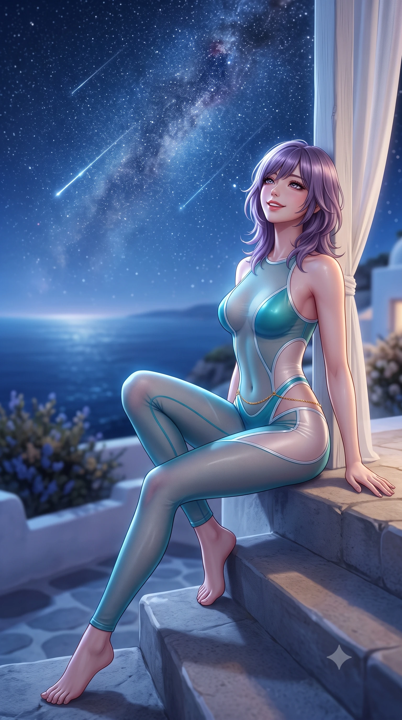 score_9, masterpiece, best quality, ultra-detailed, high-budget anime keyframe, semi-realistic 3D game render, editorial fashion photography, tasteful artistic composition, Japanese woman. low angle full-body shot from head to toe showing her feet, filling the entire 9:16 vertical frame with her statuesque presence, stretching her vertical silhouette. sitting poised on the stone steps with one knee bent, arching her spine with supermodel elegance as she glances upward through thick eyelashes while leaning against the whitewashed canopy post with hips cocked back, looking into the vast starry sky with heavy-lidded bedroom-eyes. The background shows a soft-focus vast panorama of the open Mediterranean Sea stretching to the horizon, shooting stars streaking across dense Milky Way starfields, and cliff edge shrubs blurred into indigo, diamond, and cream bokeh. She has an exceptionally tall and slender model-like 8.5-heads proportion, an ultra-slim waist, a flat toned midriff, narrow delicate ribcage, and beautifully sculpted feminine hips creating a graceful, slim hourglass silhouette without any bulky heaviness, with impossibly long slender legs. sharp v-shaped jawline, high-bridge nose, intricate jewel-like sparkling eyes with depth, thick eyelashes, glossy parted lips with a natural peach sheen, bright cheerful beaming smile with an enchanting and coquettish sensual glint, exuding both youthful cute charm and seductive allure, flawlessly proportioned anatomical accuracy, strict slender model proportions, natural body alignment, perfectly sculpted long slender limbs, ultra-slim waistline, clean dynamic posture without body distortion. wearing an ultra-daring sheer vinyl-trimmed illusion mesh catsuit with strategic translucent cutouts along her hips and torso in Mediterranean bioluminescent teal and radiant pearl, woven from fine semi-opaque stretch illusion mesh tracing her slender contours, accented with a dainty gold belly chain resting across her flat midriff and curving hips, the form-contouring silhouette accentuating her sculpted flat midriff, narrow delicate ribcage, and gracefully curvy hips with intoxicating allure. illuminated by white stucco bounce fill and sharp starlight-platinum rim lights defining her dewy collarbones, ultra-slim waist, and curvy hips. highly saturated vibrant anime colors, detailed shading with soft gradients, rich glossy textures, high-contrast stereoscopic depth, volumetric dynamic lighting, master piece, 9:16 ratio