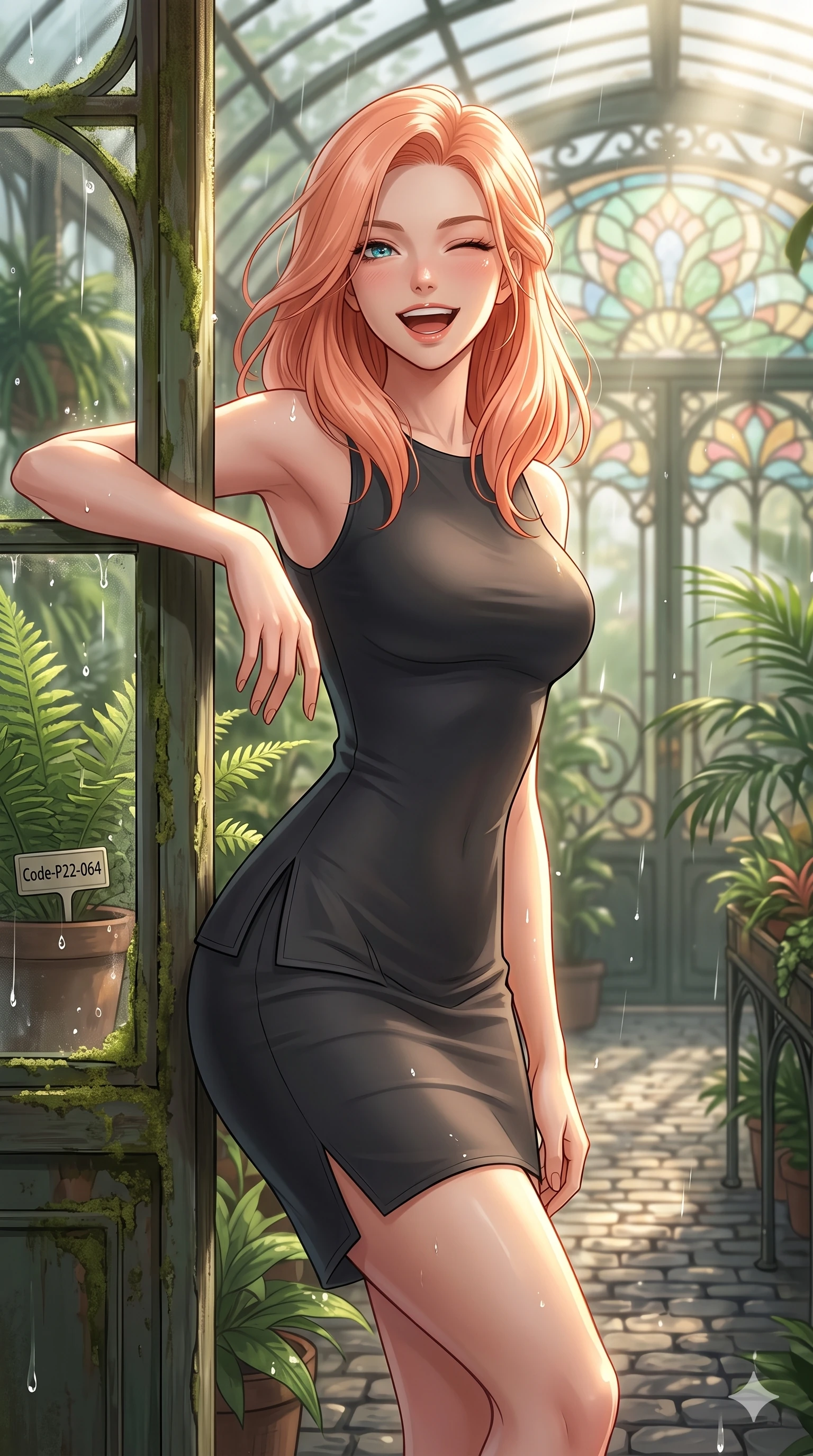 score_9, masterpiece, best quality, ultra-detailed, high-budget anime keyframe, vibrant anime aesthetic, Japanese woman. close-up cowboy shot from the waist and thighs up, the character dominates the composition, filling the frame with her large presence, background elements kept in soft focus. She is leaning against a greenhouse frame, winking and laughing happily, her eyes glowing with lively energy with a soft breath of wind in her hair. inside an elegant art-nouveau conservatory filled with lush ferns, under a sun shower with volumetric light beams (Code-P22-064). She has an absolutely perfect proportion, an exceptionally elegant and slender female figure with an ultra-slim waist. V-shaped jawline, high-bridge nose, intricate jewel-like eyes with depth, thick eyelashes, glossy lips with a natural sheen. wearing a sleek bodycon dress featuring refined side vent accents in classic charcoal. She is drenched in bright, warm sun showers, casting sharp highlights on the raindrops, creating a warm, inviting, and atmospheric glow along the cobblestone alley. 2k, ultra detail, master piece, 9:16 ratio