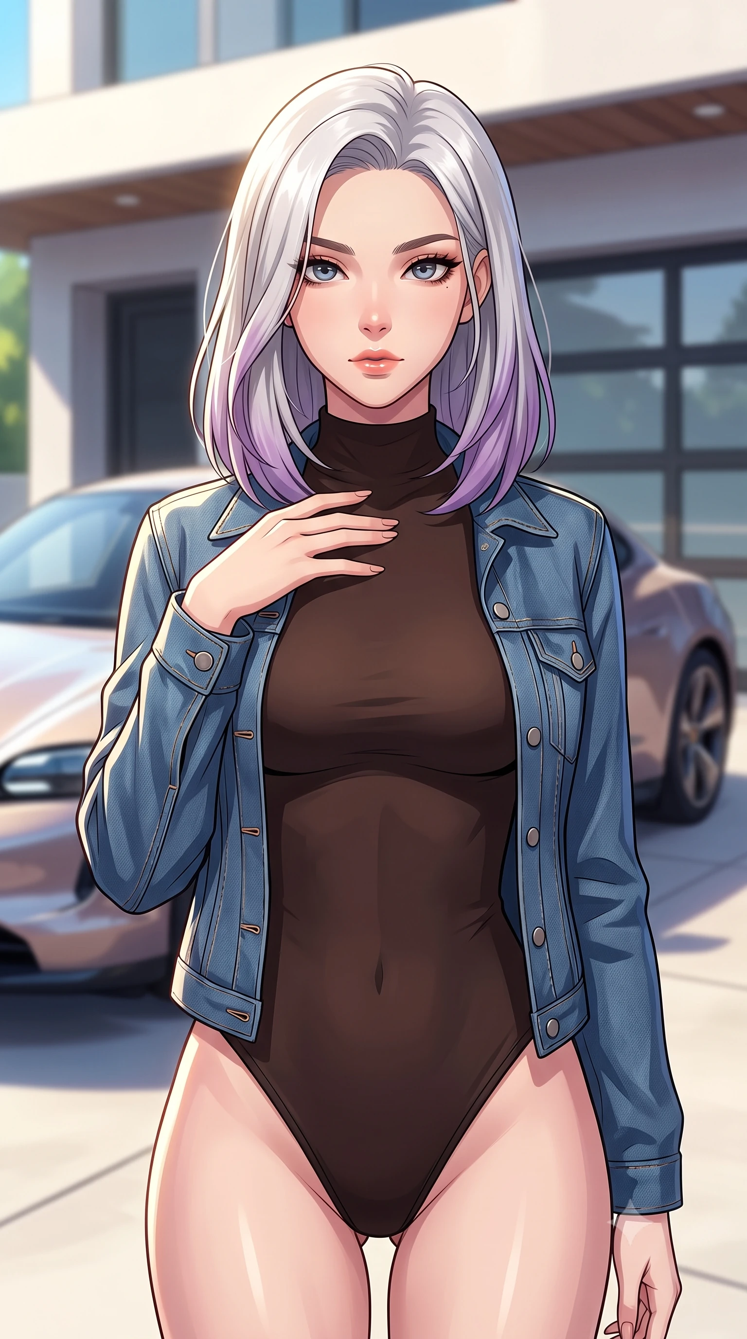 score_9, masterpiece, best quality, ultra-detailed, high-budget anime keyframe, tasteful artistic composition, Caucasian woman. close-up cowboy shot from the waist and thighs up, the character dominates the composition, filling the frame with her large presence, background elements kept in soft focus. standing with one hand resting on her collarbone, looking at the viewer with bedroom-eyes the background shows a soft-focus a modern villa driveway with a sleek electric car and glass garage doors. She has an exceptionally elegant, slender, and willowy female figure with an ultra-slim waist, a gracefully sculpted slender torso, and a refined silhouette. sharp v-shaped jawline, high-bridge nose, intricate jewel-like eyes with depth, thick eyelashes, glossy lips with a natural sheen. wearing a slim-fit form-contouring high-neck bodysuit in dark brown, worn under a tailored open denim jacket. bright morning sun rays creating fresh and energetic shadows. highly saturated vibrant anime colors, cel-shading, 2d style, master piece, 9:16 ratio