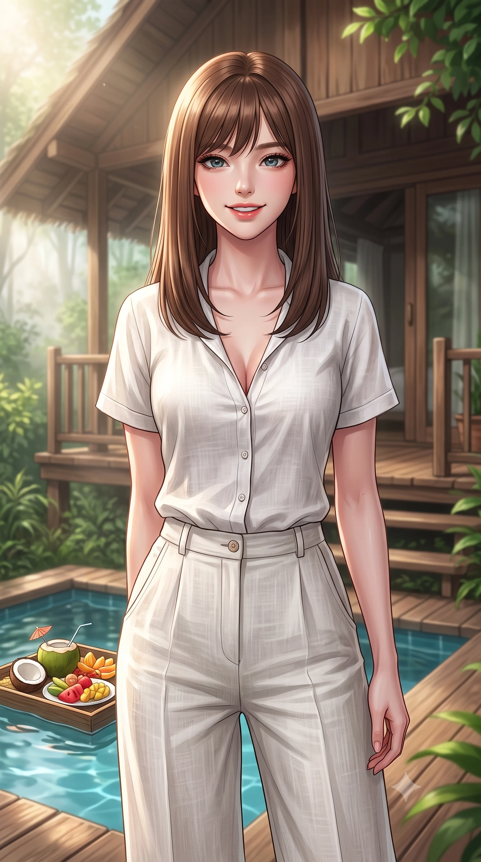 score_9, masterpiece, best quality, ultra-detailed, high-budget anime keyframe, editorial fashion photography, tasteful artistic composition, Korean woman. close-up cowboy shot from the waist and thighs up, the character dominates the composition, filling the frame with her large presence, background elements kept in soft focus. smiling with cute and bright self-assurance, looking directly at the viewer set against a soft-focus background of on a rustic wooden veranda of a cozy forest lodge surrounded by greenery with a small pool tray floating on the water with tropical snacks. She has an exceptionally elegant, slender, and willowy female figure with an ultra-slim waist, a gracefully sculpted slender torso, and a refined silhouette. sharp v-shaped jawline, high-bridge nose, intricate jewel-like eyes with depth, thick eyelashes, glossy lips with a natural sheen. wearing slim-fit casual resort wear linen shirt in white, paired with wide-leg linen pants. soft morning mist diffusing the warm sunlight, creating a peaceful wash. highly saturated vibrant anime colors, detailed shading with soft gradients, rich glossy textures, high-contrast stereoscopic depth, volumetric dynamic lighting, master piece, 9:16 ratio