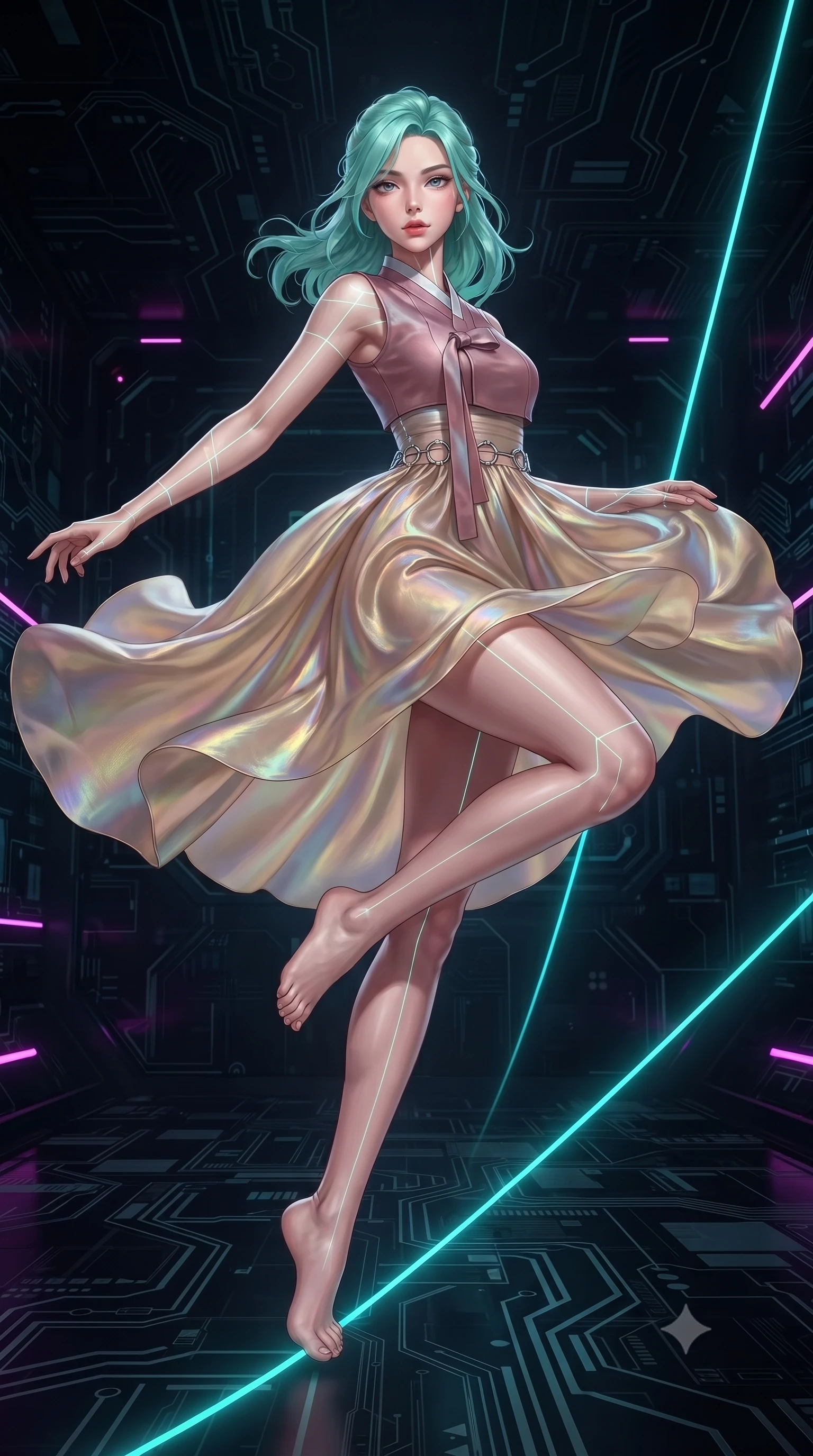 score_9, masterpiece, best quality, ultra-detailed, high-budget anime keyframe, editorial fashion photography, tasteful artistic composition, Japanese woman. low angle full-body shot from head to toe showing her feet, filling the entire 9:16 vertical frame with her statuesque presence, stretching her vertical silhouette. pivoting dynamically in zero-gravity with fluid body alignment, displaying her perfect model proportions while balancing dynamically on a high-tension cyan laser wire in a dark cybernetic arena, laser lines casting precise geometric grid highlights on her athletic form. She has an absolutely perfect, statuesque 8.5-heads proportion, an exceptionally tall and slender model-like female figure with impossibly long slender legs and an ultra-slim waist. sharp v-shaped jawline, high-bridge nose, intricate jewel-like eyes with depth, thick eyelashes, glossy lips with a natural sheen, flawlessly proportioned anatomical accuracy, natural body alignment, perfectly sculpted elegant limbs, clean dynamic posture without body distortion. wearing a modern fusion silk hanbok dress with a structured bodice and flowing skirt in dusty rose and champagne gold, crafted from iridescent chiffon that shifts colors in the light, accented with delicate chrome ring hardware framing her waist, the glove-like fit emphasizing her statuesque silhouette during motion. surrounded by a crisp high-tech illumination with high specular contrast. ultra-reflective glossy finish, specular highlights, metallic sheen, high-contrast stereoscopic depth, volumetric dynamic lighting, 2k, ultra detail, master piece, 9:16 ratio