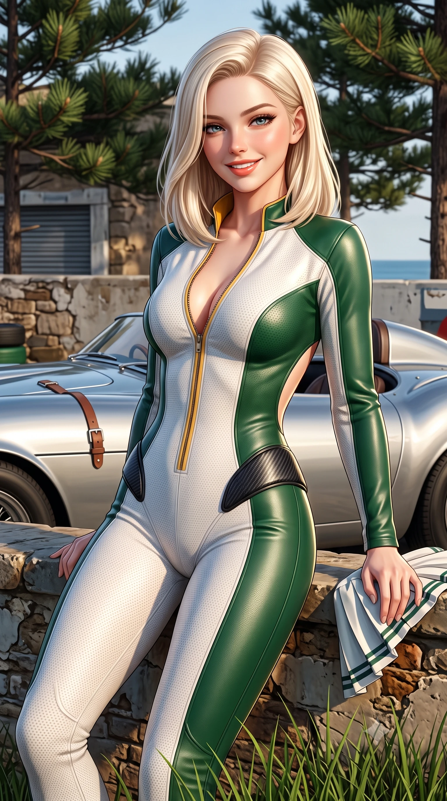 score_9, masterpiece, best quality, ultra-detailed, high-budget anime keyframe, semi-realistic 3D game render, editorial fashion photography, tasteful artistic composition, Caucasian woman. close-up cowboy shot from the waist and thighs up, the character dominates the composition, filling the frame with her large presence. leaning back against the pit wall with relaxed seductive grace, her flat midriff and narrow waist highlighted as sunlight traces her curves while twisting her slender torso in an alluring contrapposto stance among maritime pines, coastal breezes fluttering her pleated tennis skirt. The surrounding environment is rendered in vivid detail and crisp panoramic clarity: sharp speedster curved aluminum body lines, leather bonnet strap buckles, and lawn grass blade clarity in deep focus. She has an exceptionally elegant, slender, and willowy female figure with an ultra-slim waist, flat toned midriff, narrow ribcage, and sculpted feminine hips creating an alluring, slim hourglass silhouette without bulk. sharp v-shaped jawline, high-bridge nose, sparkling eyes with athletic focus and depth, thick curled eyelashes, glossy parted lips with a natural coral-peach sheen, bright confident and coquettish smile with alluring bedroom-eyes, exuding both youthful sporty vigor and sovereign high-society glamour, flawlessly proportioned anatomical accuracy, strict slender model proportions, natural body alignment, perfectly sculpted long slender limbs, ultra-slim waistline, clean dynamic posture without body distortion. wearing an ultra-tight form-contouring racing leather catsuit in two-tone white and British racing green with a deep-plunging zip neck in warm oatmeal beige and deep Ferrari yellow, woven from semi-opaque performance athletic mesh with hexagonal micro-perforations, accented with sleek aerodynamic carbon-fiber hip pads framing her narrow waist, the precision-cut side openings and low-back scoop framing her graceful spine and the sensual sweep of her slim, athletic hips. illuminated by polished car aluminum bounce and sharp platinum rim lights defining her razor-sharp jawline, narrow waist, and curvy hips. highly saturated vibrant anime colors, detailed shading with soft gradients, rich glossy textures, high-contrast stereoscopic depth, volumetric dynamic lighting, master piece, 9:16 ratio