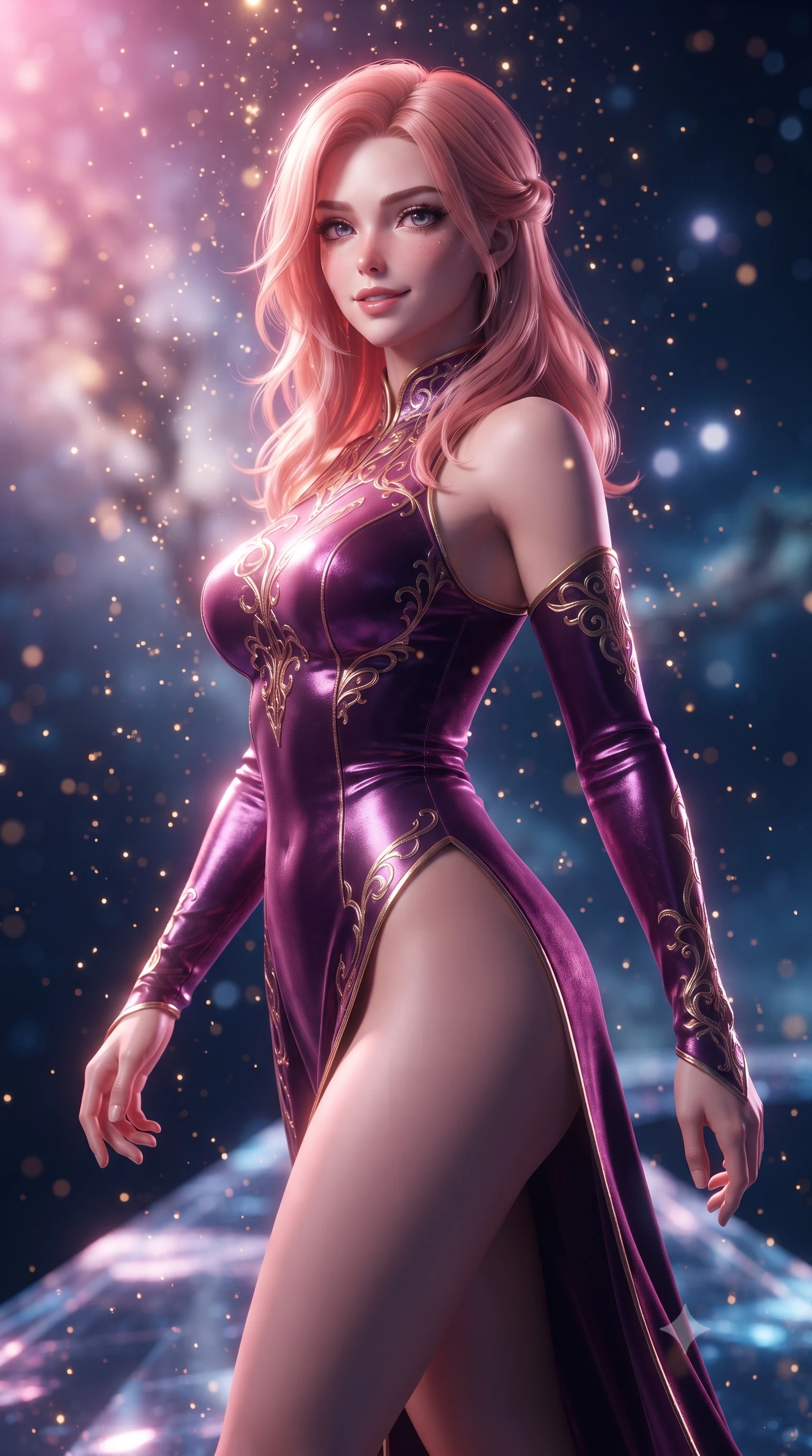 score_9, masterpiece, best quality, ultra-detailed, high-budget anime keyframe, editorial fashion photography, tasteful artistic composition, Japanese woman. close-up cowboy shot from the waist and thighs up, the character dominates the composition, filling the frame with her large presence, background elements kept in soft focus. Glancing sidelong over her shoulder with a smoldering half-smile and heavy lashes stepping along a crystalline cosmic bridge in deep space, starlight particles falling like a golden shower around her. She has an exceptionally elegant, slender, and willowy female figure with an ultra-slim waist, a gracefully sculpted slender torso, and a refined silhouette. sharp v-shaped jawline, high-bridge nose, intricate jewel-like eyes with depth, thick eyelashes, glossy lips with a natural sheen. wearing an asymmetrical high-cut tech-bodysuit with detached sleeves in plum purple and gold filigree, made of premium stretch velvet with a rich sheen, finished with a sleek side slit ascending to mid-thigh, the form-contouring material highlighting her ultra-slim waist and long lines. bathed in radiant cosmic pink and deep navy blue ambient light. ultra-reflective glossy finish, specular highlights, metallic sheen, high-contrast stereoscopic depth, volumetric dynamic lighting, 2k, ultra detail, master piece, 9:16 ratio