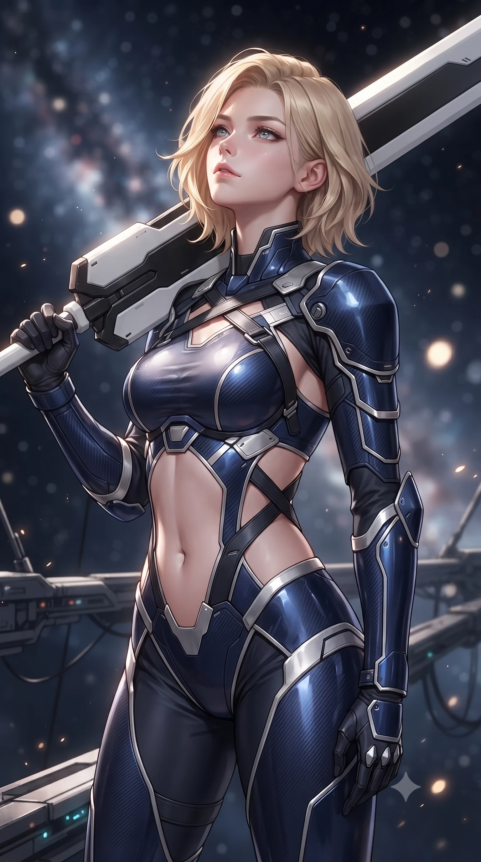score_9, masterpiece, best quality, ultra-detailed, high-budget anime keyframe, editorial fashion photography, tasteful artistic composition, Caucasian woman. close-up cowboy shot from the waist and thighs up, the character dominates the composition, filling the frame with her large presence. tilting her head back with serene regal elegance, her sharp jawline and sculpted collarbones highlighted by glowing weapon energy reflections while stepping along a suspended gantry extending into the starry void with sniper rifle held in a relaxed, sovereign posture. The composition keeps background elements in soft focus with creamy bokeh. distant starlight and railgun charging LED coils scattering soft glowing light motes across a deep space backdrop. She has an exceptionally elegant, slender, and willowy female figure with an ultra-slim waist, a gracefully sculpted slender torso, toned flat midriff, and a refined slim silhouette. sharp v-shaped jawline, high-bridge nose, intricate jewel-like eyes with depth, thick eyelashes, glossy lips with a natural sheen, flawlessly proportioned anatomical accuracy, strict slender model proportions, natural body alignment, perfectly sculpted long slender limbs, ultra-slim waistline, clean dynamic posture without body distortion. wearing a statuesque midnight cobalt carbon-fiber armor-suit with platinum trim and an ultra-slim waistline, resting a massive sleek high-frequency anti-material greatsword across her shoulder in monochrome white enamel carbon with high-contrast black panels, tailored from flexible second-skin carbon-mesh that clings flawlessly to her athletic curves, complemented by criss-cross back harness straps highlighting her completely bare spine, the precision-cut daring openings accentuating her delicate midriff, graceful bare collarbones, and ultra-slim feminine waistline. surrounded by an awe-inspiring, calm, and radiantly deadly orbital sharpshooter goddess aura. ultra-reflective glossy finish, specular highlights, dark metallic sheen, high-contrast stereoscopic depth, volumetric dynamic lighting, 2k, ultra detail, master piece, 9:16 ratio