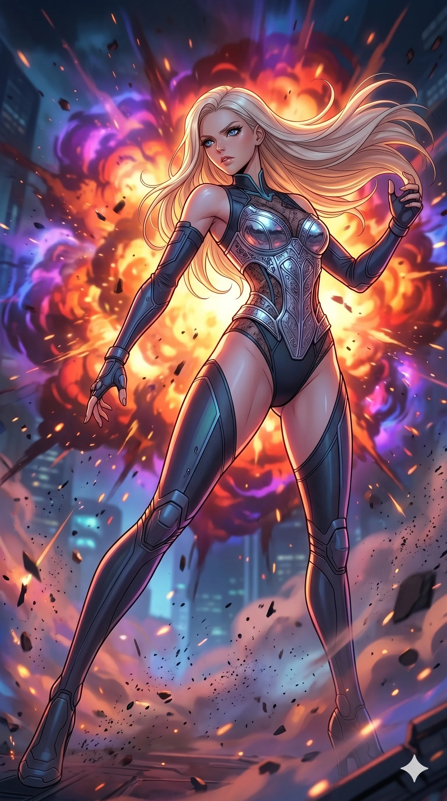 score_9, masterpiece, best quality, ultra-detailed, high-budget anime movie keyframe, cinematic anime lighting, intricate line art, Japanese woman. Low angle cowboy shot capturing a powerful motion and statuesque presence. reeling back from an explosion with a look of fierce determination. She has an absolutely perfect 8-heads proportion, an exceptionally tall and slender female figure with an ultra-slim waist and impossibly long slender legs. strictly human anatomy, two legs only, no extra limbs, clearly defined legs and arms, perfect anatomy, perfect hands and fingers. sharp v-shaped jawline, high-bridge nose, intricate jewel-like eyes, thick eyelashes, glossy lips. Wearing Cyber-Tech Legacy: Asymmetrical high-cut tech-bodysuit with detached sleeves and chrome-plated corset over sheer lace. The scene is illuminated by dramatic atmospheric lighting and vibrant color palettes. , 2k, ultra detail, master piece, 9:16 ratio