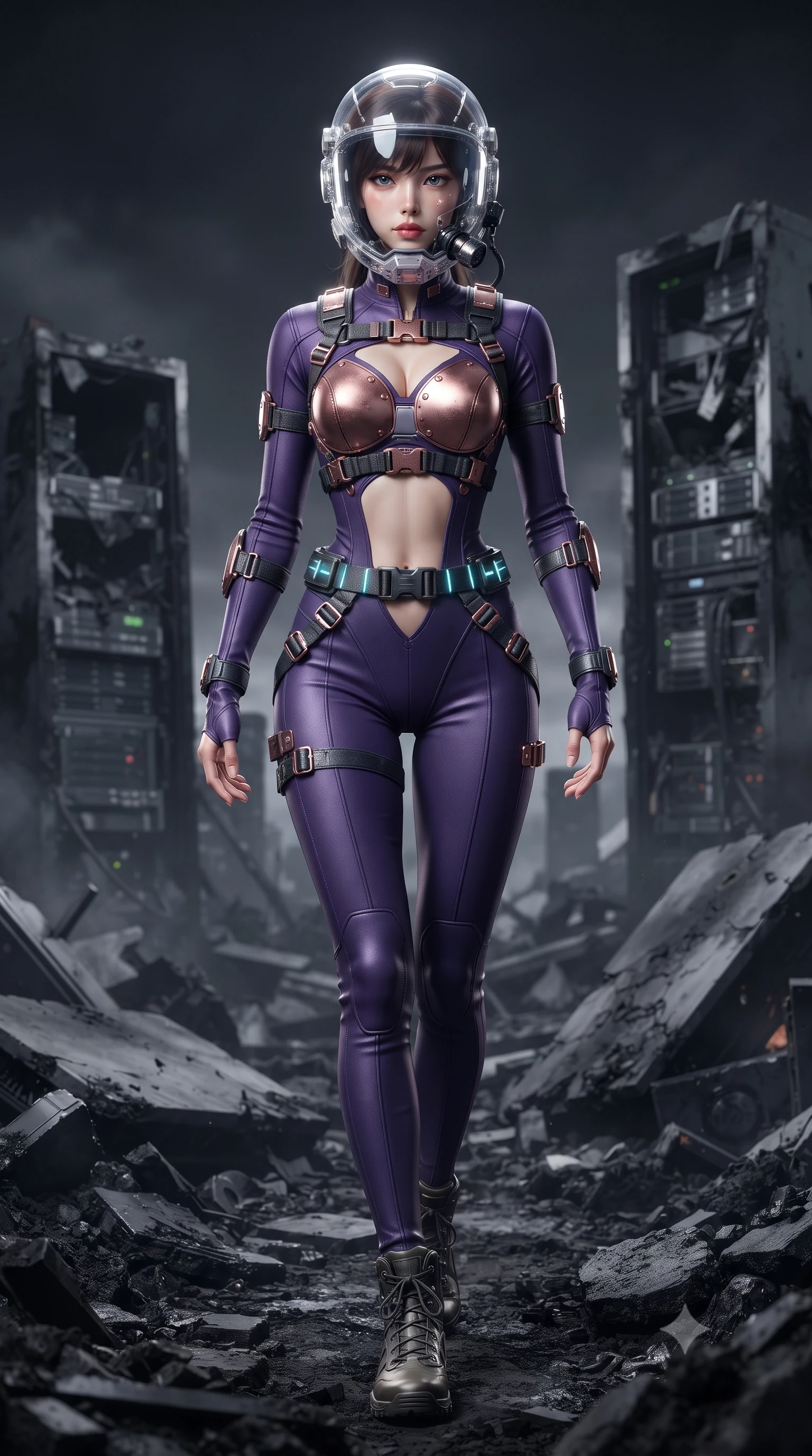 score_9, masterpiece, best quality, ultra-detailed, high-budget anime keyframe, editorial fashion photography, tasteful artistic composition, Korean woman. low angle full-body shot from head to toe showing her feet, filling the entire 9:16 vertical frame with her statuesque presence, stretching her vertical silhouette. striding forward with sovereign warrior elegance in a low, predatory combat advance through the ruins, hips swaying with fierce athletic poise while stepping forward through the blackened crater with rebreather unlatched on one side, revealing her glossy lips and sharp jawline. The composition keeps background elements in soft focus with creamy bokeh. shattered server towers and blackened concrete slabs softened in smooth atmospheric depth of field. She has an absolutely perfect, statuesque 8.5-heads proportion, an exceptionally tall and slender model-like female figure with impossibly long slender legs, a toned flat midriff, and an ultra-slim waist. sharp v-shaped jawline, high-bridge nose, intricate jewel-like eyes with depth, thick eyelashes, glossy lips with a natural sheen, fierce and resolute heroine expression, flawlessly proportioned anatomical accuracy, strict slender model proportions, natural body alignment, perfectly sculpted long slender limbs, ultra-slim waistline, clean dynamic posture without body distortion. wearing a crystal-clear transparent armored riot-visor helmet showing her entire beautiful face and determined expression with pristine clarity, paired with a tailored tactical combat jumpsuit with an open-back harness design, reinforced composite breastplate, and high-mobility elbow dampers in royal purple carbon fiber with distressed rose-gold hardware and buckles, made of liquid carbon-jersey fabric accentuating every curve of her tall, slender model proportions, reinforced by a heavy-duty titanium tactical harness and glowing micro-energy status straps, the precision-cut daring openings accentuating her delicate midriff, graceful bare collarbones, and ultra-slim feminine waistline. surrounded by an electrifying, invincible, and radiantly transcendent dystopian heroine aura. ultra-reflective glossy finish, specular highlights, dark metallic sheen, high-contrast stereoscopic depth, volumetric dynamic lighting, 2k, ultra detail, master piece, 9:16 ratio