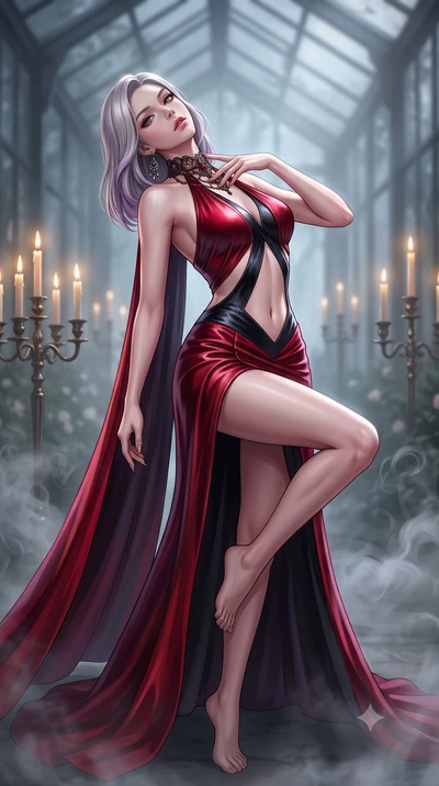 score_9, masterpiece, best quality, ultra-detailed, high-budget anime keyframe, semi-realistic 3D game render, editorial fashion photography, tasteful artistic composition, Caucasian woman. low angle full-body shot from head to toe showing her feet, 