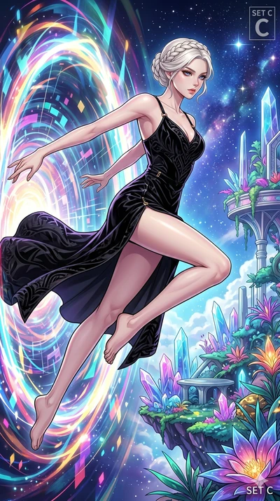 score_9, masterpiece, best quality, ultra-detailed, Set C: High-budget Anime Keyframe, Korean woman. Low angle cowboy shot filling the entire 9:16 frame with her statuesque presence. Leaping through a portal of swirling light and color into a celesti