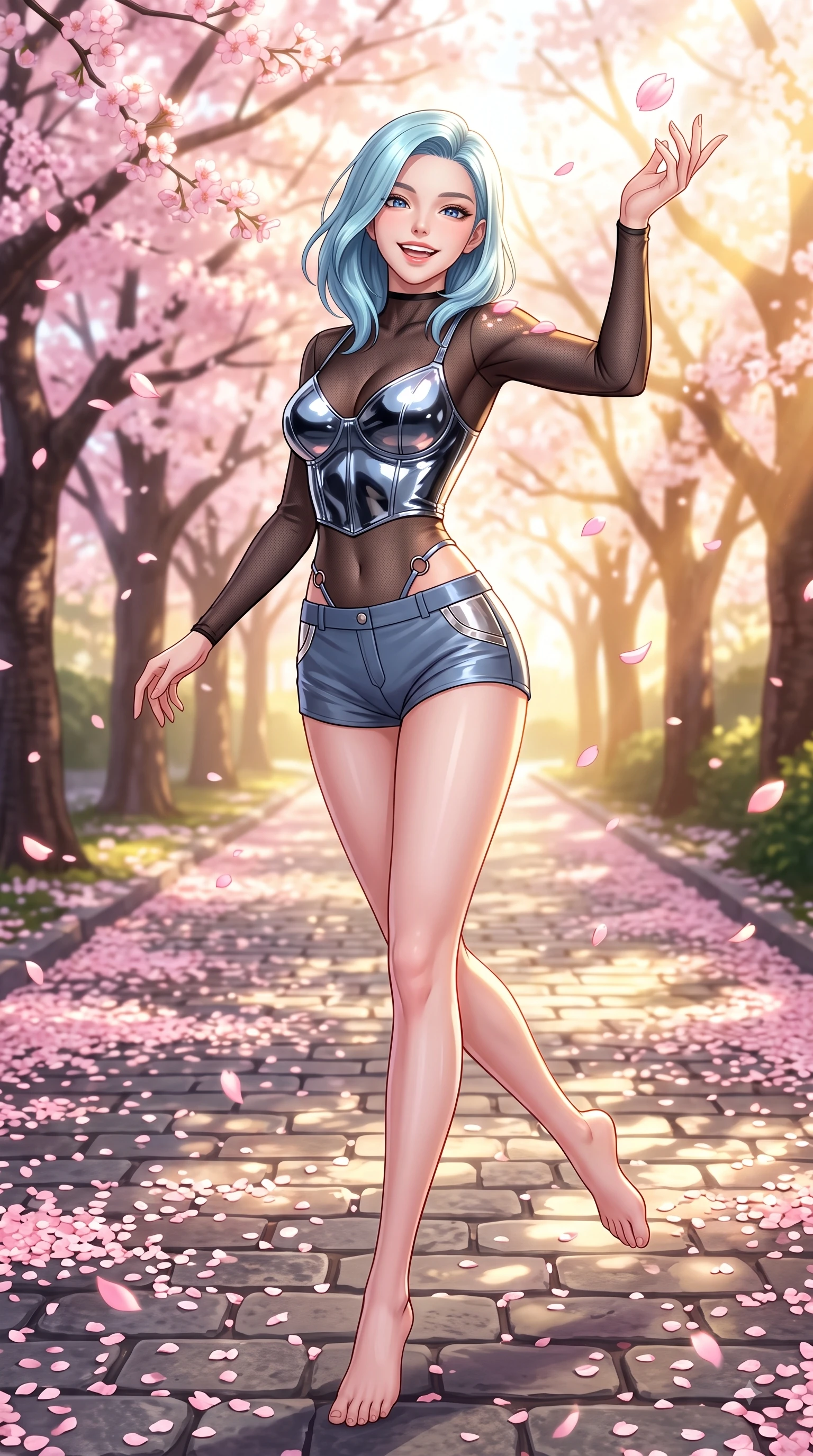 score_9, masterpiece, best quality, ultra-detailed, high-budget anime keyframe, editorial fashion photography, tasteful artistic composition, Korean woman. low angle full-body shot from head to toe showing her feet, filling the entire 9:16 vertical frame with her statuesque presence, stretching her vertical silhouette. performing a cheerful mid-air rotation with flawless poise, her radiant smile capturing fresh college girlhood energy while reaching her hand up playfully to catch a floating cherry blossom petal in mid-air, floating sakura petals scattering across the cobblestone path and her shoulder. She has an absolutely perfect, statuesque 8.5-heads proportion, an exceptionally tall and slender model-like female figure with impossibly long slender legs and an ultra-slim waist. sharp v-shaped jawline, high-bridge nose, intricate jewel-like eyes with depth, thick eyelashes, glossy lips with a natural sheen, flawlessly proportioned anatomical accuracy, natural body alignment, perfectly sculpted elegant limbs, clean dynamic posture without body distortion. wearing a chrome-plated structured bodice worn over a sheer mesh top and micro-shorts in slate blue and metallic silver, tailored from high-gloss patent leather, accented with delicate chrome ring hardware framing her waist, the form-contouring material highlighting her ultra-slim waist and long lines. bathed in bright morning sunbeams and warm golden sakura backlighting. highly saturated vibrant anime colors, detailed shading with soft gradients, rich glossy textures, high-contrast stereoscopic depth, volumetric dynamic lighting, master piece, 9:16 ratio