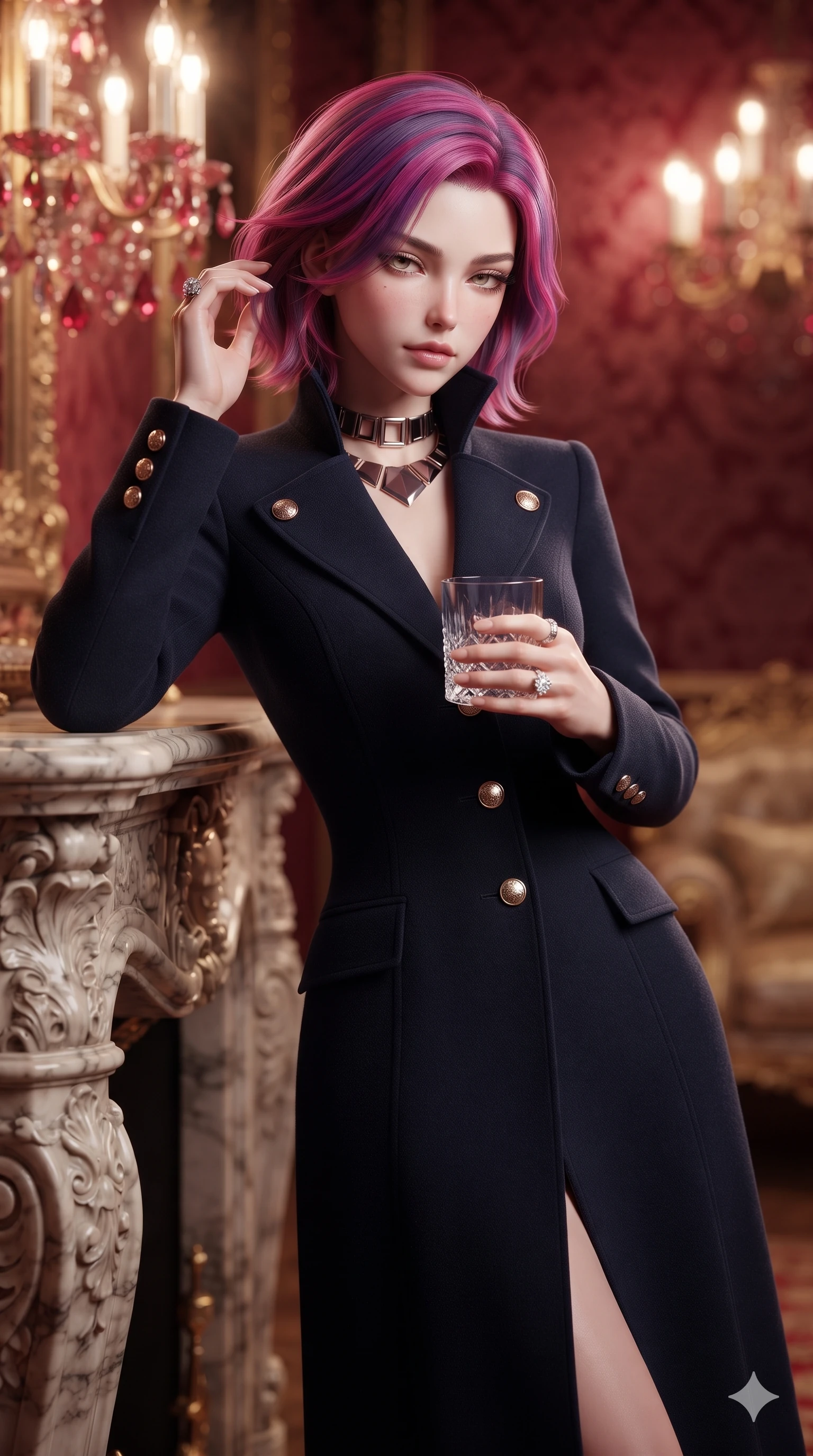 score_9, masterpiece, best quality, ultra-detailed, high-budget anime keyframe, semi-realistic 3D game render, editorial fashion photography, tasteful artistic composition, Caucasian woman. close-up cowboy shot from the waist and thighs up, the character dominates the composition, filling the frame with her large presence. gently brushing a lock of hair behind her ear while casting a playful, flirtatious side-gaze with long eyelashes while leaning against the carved marble fireplace mantle with hips cocked back, looking through crystal glassware with heavy-lidded bedroom-eyes. The composition keeps background elements in soft focus with creamy bokeh: intricate crimson silk damask wall coverings, glowing Murano ruby crystal chandeliers, and gilded baroque furniture blurred into crimson, gold, and ruby bokeh. She has an exceptionally elegant, slender, and willowy female figure with an ultra-slim waist, flat toned midriff, narrow ribcage, and sculpted feminine hips creating an alluring, slim hourglass silhouette without bulk. sharp v-shaped jawline, high-bridge nose, intricate jewel-like eyes with depth, thick eyelashes, glossy parted lips with a natural sheen, intensely captivating and seductive bedroom-eyes expression, flawlessly proportioned anatomical accuracy, strict slender model proportions, natural body alignment, perfectly sculpted long slender limbs, ultra-slim waistline, clean dynamic posture without body distortion. wearing a structured high-collar Victorian opera greatcoat in midnight navy wool with polished brass crest buttons in dusky blush rose and champagne shimmer, crafted from bespoke double-faced cashmere with an exceptionally soft tactile finish, complemented by a bold geometric choker and sparkling cocktail ring, the bespoke structured tailoring following the natural line of her 8.5-heads silhouette with refined elegance. crisp directional rim lights sharply defining her sculpted collarbones, ultra-slim waist, and curvy hips. highly saturated vibrant anime colors, detailed shading with soft gradients, rich glossy textures, high-contrast stereoscopic depth, volumetric dynamic lighting, master piece, 9:16 ratio