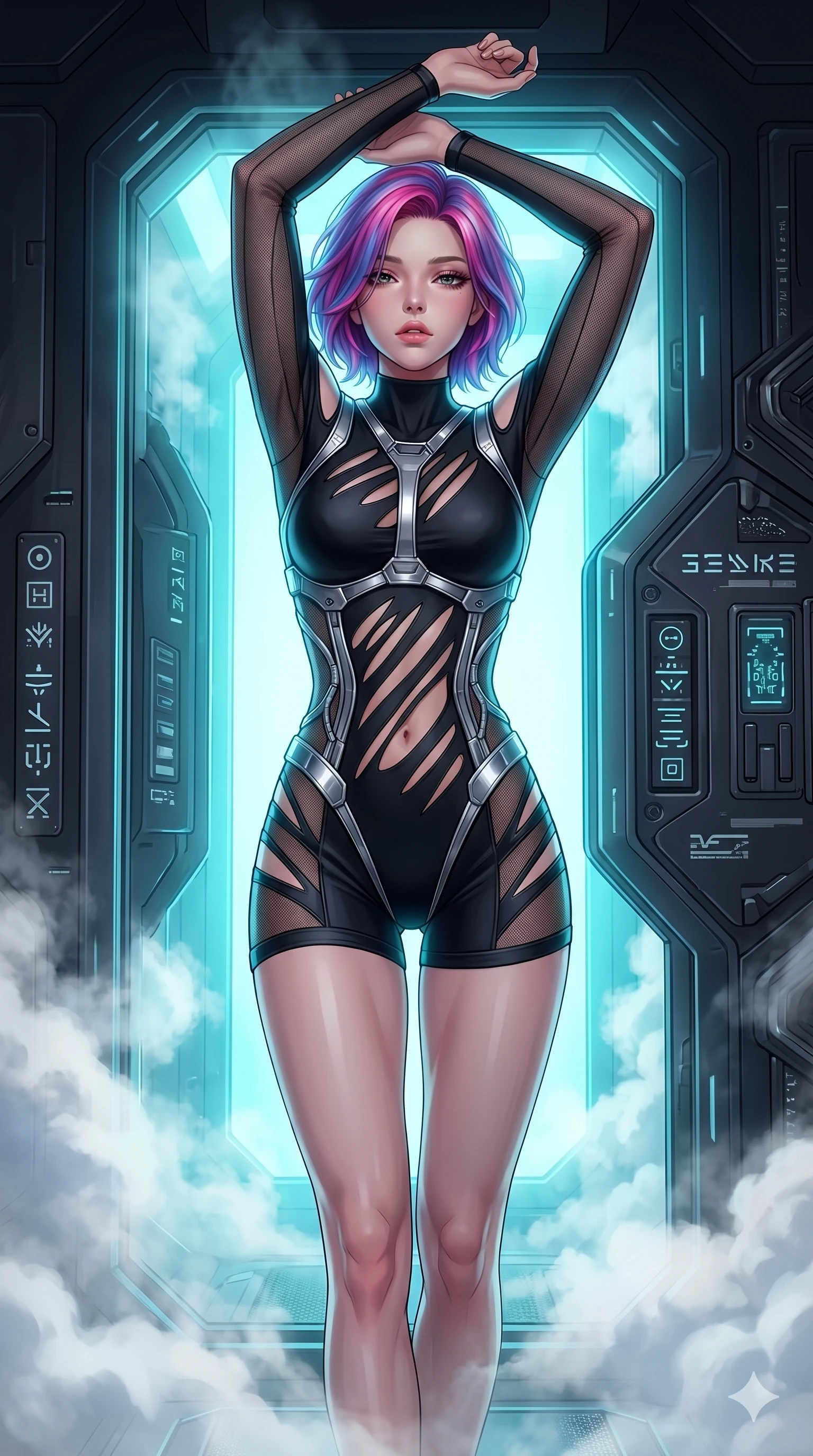 score_9, masterpiece, best quality, ultra-detailed, high-budget anime keyframe, editorial fashion photography, tasteful artistic composition, Caucasian woman, strictly human ears. Upper body close-up from the thighs up, character filling the screen for maximum presence. She is stepping out of a glowing cryo-chamber filled with evaporating white volumetric steam. She stretches her arms with a sultry, waking-up expression. She has an absolutely perfect 8-heads proportion, an exceptionally tall and slender female figure with impossibly long slender legs and an ultra-slim waist. V-shaped jawline, high-bridge nose, intricate jewel-like eyes with depth, thick eyelashes, glossy lips with a natural sheen. She is wearing an ultra-sleek high-cut tech-bodysuit featuring dangerous diagonal slitted cutouts on the midriff and shoulders, reinforced by a metallic silver harness and sheer mesh sleeves. The scene is illuminated by intense cyan backlighting from the chamber and a warm white key light. 2k, ultra detail, master piece, 9:16 ratio