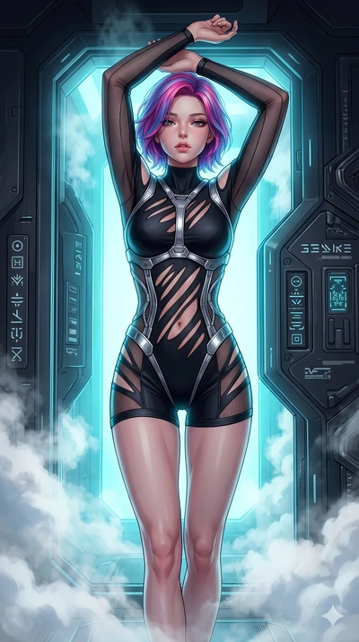 score_9, masterpiece, best quality, ultra-detailed, high-budget anime keyframe, editorial fashion photography, tasteful artistic composition, Caucasian woman, strictly human ears. Upper body close-up from the thighs up, character filling the screen f