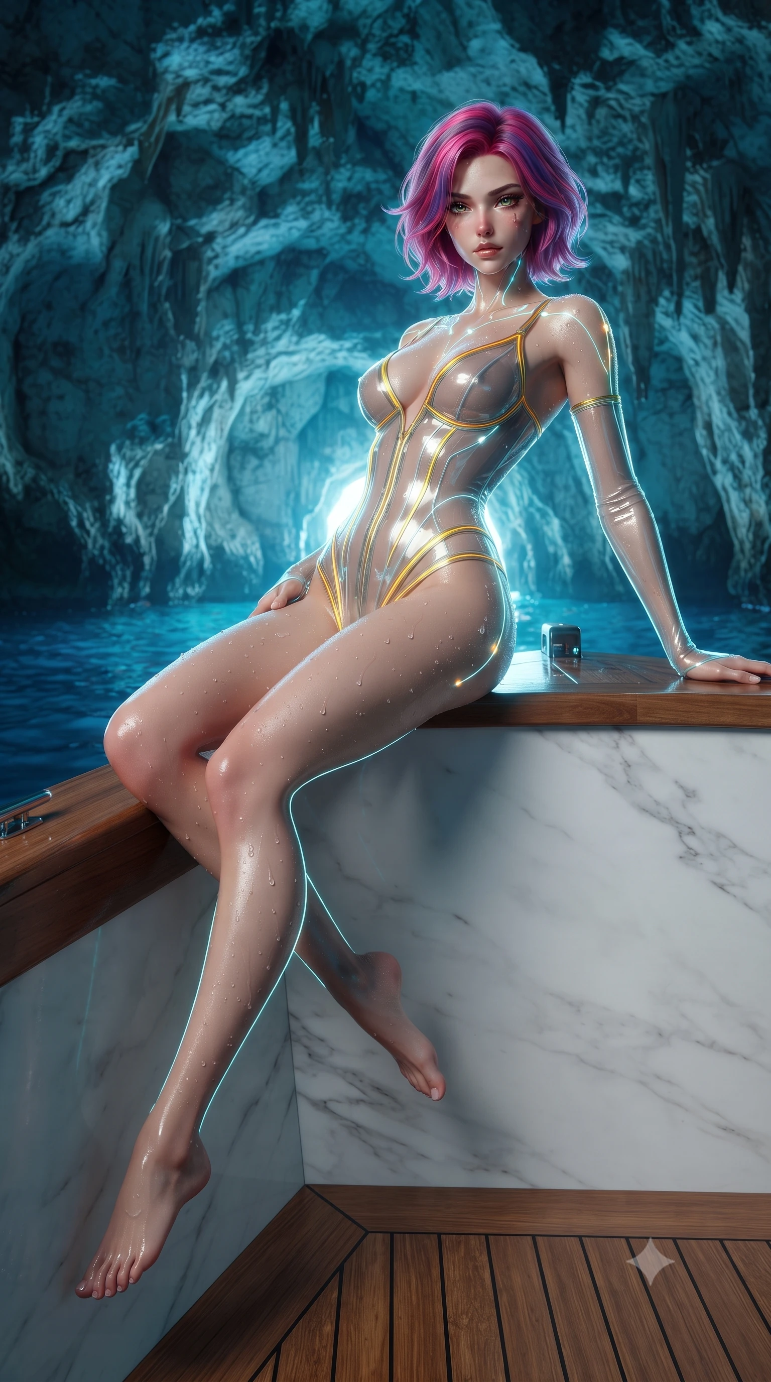 score_9, masterpiece, best quality, ultra-detailed, high-budget anime keyframe, editorial fashion photography, tasteful artistic composition, Caucasian woman. low angle full-body shot from head to toe showing her feet, filling the entire 9:16 vertical frame with her statuesque presence, stretching her vertical silhouette. performing an alluring mid-air vault with flawless poise, looking directly into the camera with smoldering intensity while reclining gracefully across a white marble boat ledge inside the glowing sea cavern of Capri's Blue Grotto. The surrounding environment is rendered in vivid detail and crisp panoramic clarity. crisp boat wood grain, glistening water droplets on skin, and subterranean cave formations in high clarity. She has an absolutely perfect, statuesque 8.5-heads proportion, an exceptionally tall and slender model-like female figure with impossibly long slender legs, a toned flat midriff, and an ultra-slim waist. sharp v-shaped jawline, high-bridge nose, intricate jewel-like eyes with depth, thick eyelashes, glossy lips with a natural sheen, flawlessly proportioned anatomical accuracy, strict slender model proportions, natural body alignment, perfectly sculpted long slender limbs, ultra-slim waistline, clean dynamic posture without body distortion. wearing a translucent cybernetic corset in semi-opaque structured vinyl, combined with detached sleeves and a deep-plunging neckline secured by glowing micro-straps in vibrant sunburst canary yellow and gold trim, tailored from semi-translucent cybernetic vinyl with glowing micro-filaments, accented with glowing fiber-optic seams tracing her collarbones and hip curves, the liquid-tight tailored fabric emphasizing every curve of her tall, slender model proportions and sculptured silhouette during dynamic movement. illuminated by soft cyan rim lights tracing her ultra-slim waist, long legs, and sculpted collarbones. ultra-reflective glossy finish, specular highlights, metallic sheen, high-contrast stereoscopic depth, volumetric dynamic lighting, 2k, ultra detail, master piece, 9:16 ratio