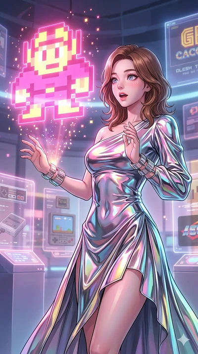 score_9, masterpiece, best quality, ultra-detailed, high-budget anime keyframe, Korean woman. Upper body close-up from the thighs up, character filling the screen for maximum presence. Inside a virtual reality museum of retro video games, observing a