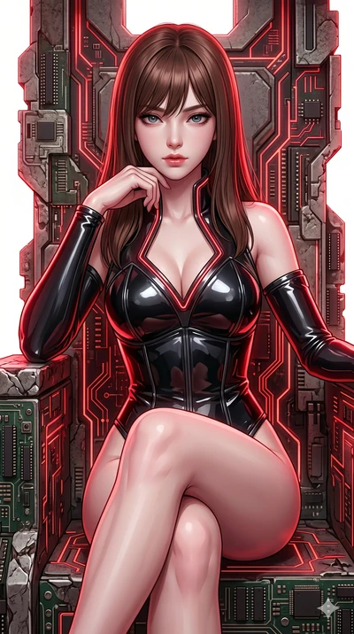 score_9, masterpiece, best quality, ultra-detailed, high-budget anime keyframe, semi-realistic 3D game render, Korean woman. Upper body close-up from the thighs up, character filling the screen for maximum presence. She is seated dynamically on a thr