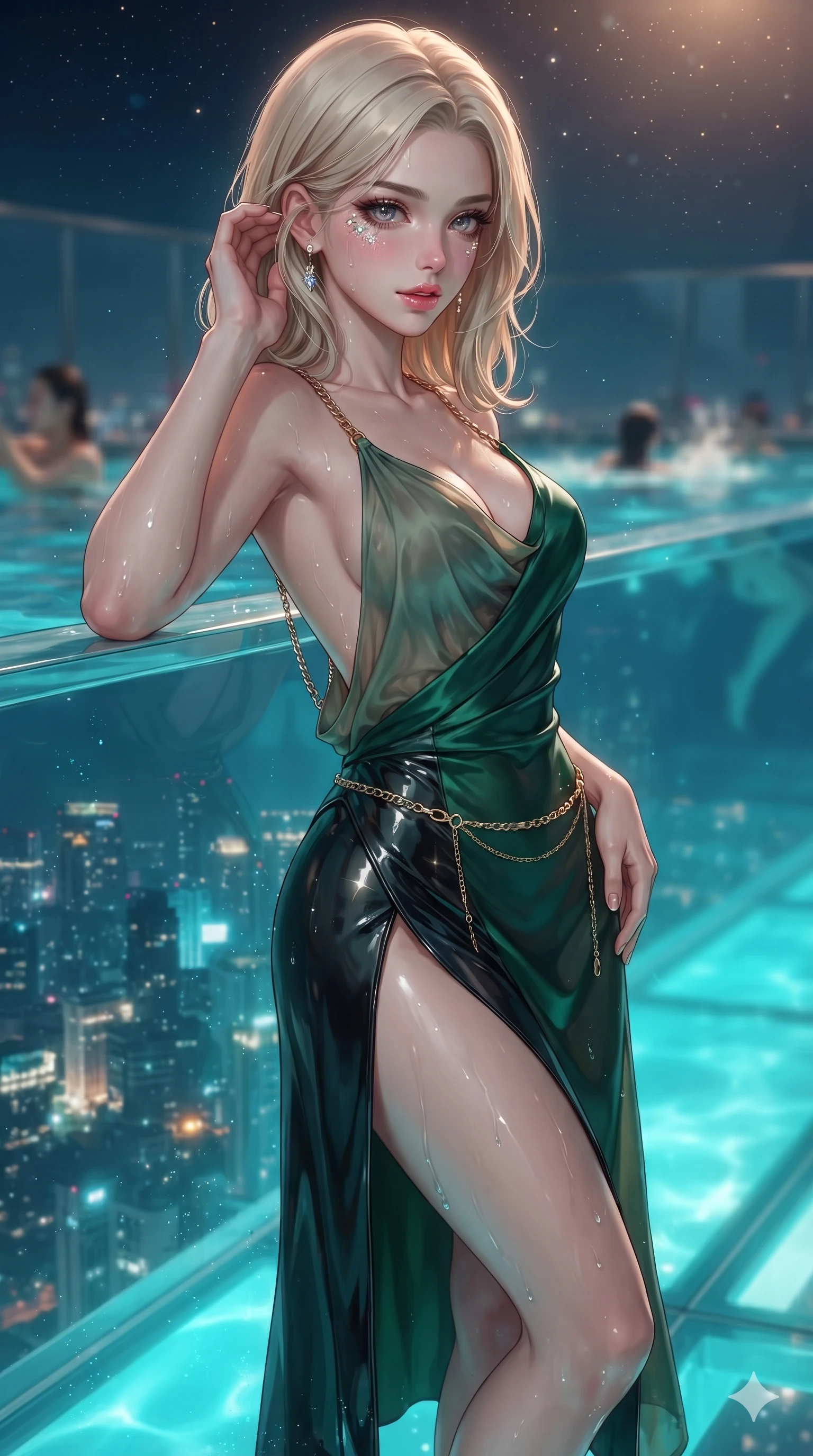 score_9, masterpiece, best quality, ultra-detailed, high-budget anime keyframe, editorial fashion photography, tasteful artistic composition, Caucasian woman. close-up cowboy shot from the waist and thighs up, the character dominates the composition, filling the frame with her large presence. gently brushing a lock of hair behind her ear while casting a playful, flirtatious side-gaze with long eyelashes while leaning against the structural acrylic pool wall with hips cocked back, gazing through the clear water at the glittering city below with intoxicating bedroom-eyes. The background shows a soft-focus fine pool spray haze softened in cantilevered glass pool shallow focus. She has an exceptionally elegant, slender, and willowy female figure with an ultra-slim waist, flat toned midriff, narrow ribcage, and sculpted feminine hips creating an alluring, slim hourglass silhouette without bulk. sharp v-shaped jawline, high-bridge nose, intricate jewel-like sparkling eyes with depth, thick eyelashes, glossy parted lips with a natural sheen, intensely captivating and seductive bedroom-eyes expression, exuding both youthful cute charm and sovereign luxury allure, flawlessly proportioned anatomical accuracy, strict slender model proportions, natural body alignment, perfectly sculpted long slender limbs, ultra-slim waistline, clean dynamic posture without body distortion. wearing a form-contouring gossamer silk chiffon slip dress with a hip-high slit and open cowl back clinging with dewy moisture in deep emerald green satin and gold hardware accents, tailored from high-gloss patent leather with mirror-like specular highlights, accented with a delicate gold chain belt resting loosely on her curvy hips, the form-contouring material adhering flawlessly to her sculpted flat midriff and slender torso, emphasizing her long leg lines and perfectly proportioned willowy build. bathed in the vibrant underwater turquoise illumination filtering through the glass floor mixed with warm overhead starlight. ultra-reflective glossy finish, specular highlights, rich textural contrasts, high-contrast stereoscopic depth, volumetric dynamic lighting, 2k, ultra detail, master piece, 9:16 ratio