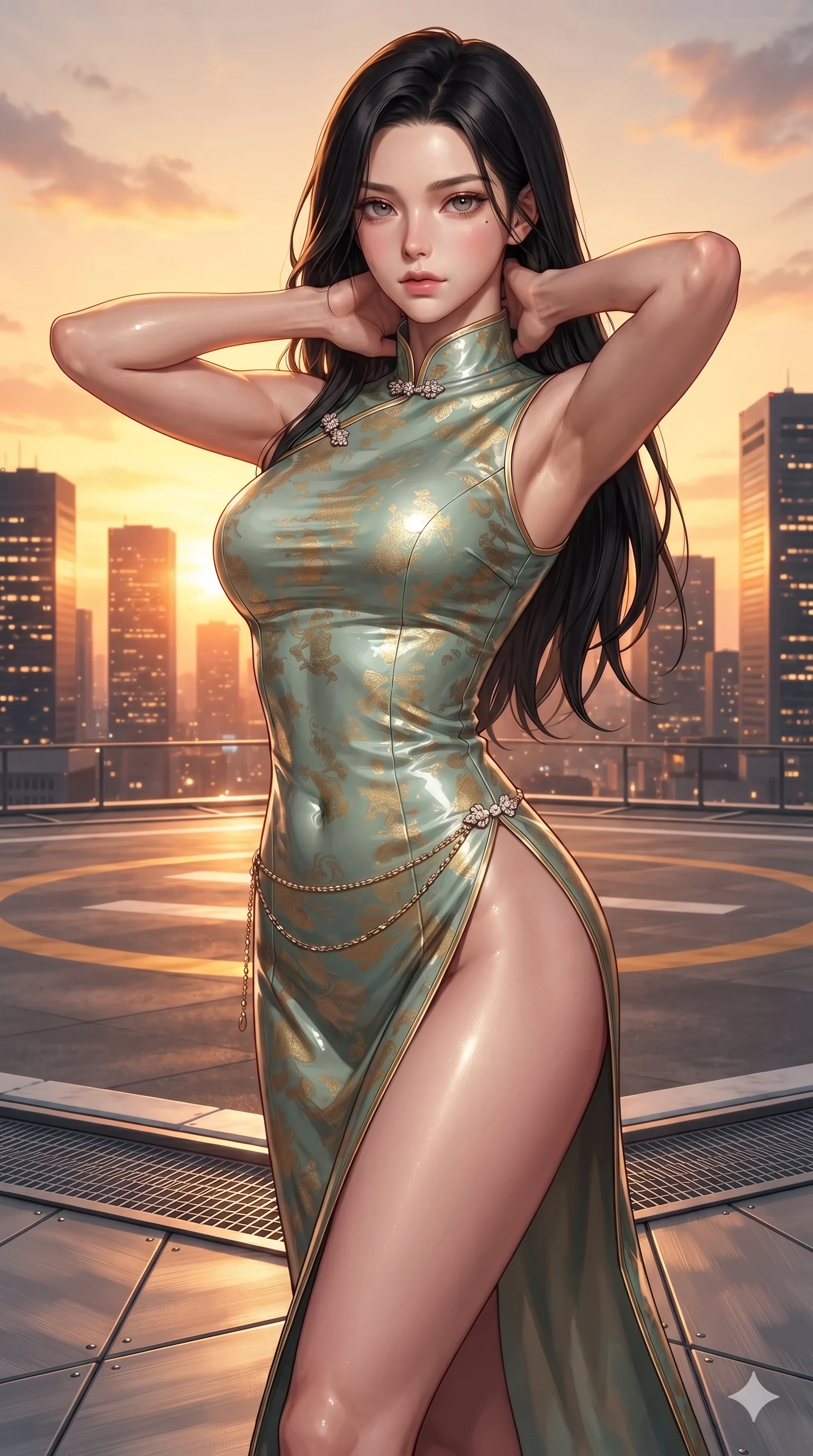score_9, masterpiece, best quality, ultra-detailed, high-budget anime keyframe, editorial fashion photography, tasteful artistic composition, Korean woman. close-up cowboy shot from the waist and thighs up, the character dominates the composition, filling the frame with her large presence. resting both hands lightly behind her neck with elbows raised, arching her spine to highlight her narrow waist, flat midriff, and breathtaking collarbones while stepping forward in a confident stride across the rooftop deck, her long slender legs and curvaceous hips creating a dynamic, sweeping vertical line against the burning sunset. The surrounding environment is rendered in vivid detail and crisp panoramic clarity: sharp helipad perimeter markings, brushed aluminum deck grating, and crisp panoramic skyscraper silhouettes in deep focus. She has an exceptionally elegant, slender, and willowy female figure with an ultra-slim waist, flat toned midriff, narrow ribcage, and sculpted feminine hips creating an alluring, slim hourglass silhouette without bulk. sharp v-shaped jawline, high-bridge nose, intricate jewel-like sparkling eyes with depth, thick eyelashes, glossy parted lips with a natural sheen, intensely captivating and seductive bedroom-eyes expression, exuding both youthful cute charm and sovereign luxury allure, flawlessly proportioned anatomical accuracy, strict slender model proportions, natural body alignment, perfectly sculpted long slender limbs, ultra-slim waistline, clean dynamic posture without body distortion. wearing an alluring high-slit wrap cheongsam secured by miniature jeweled clasps and revealing the curve of her hip in celadon jade and antique gold-leaf, tailored from high-gloss patent leather with mirror-like specular highlights, accented with a delicate gold chain belt resting loosely on her curvy hips, the liquid-tight tailored fabric clinging flawlessly to her narrow waist and rounded feminine hips, emphasizing every millimeter of her sculpted slim hourglass curves without any bulky heaviness. bathed in the blinding, warm 2200K golden-hour rays of the setting sun casting brilliant specular highlights along her silhouette. ultra-reflective glossy finish, specular highlights, rich textural contrasts, high-contrast stereoscopic depth, volumetric dynamic lighting, 2k, ultra detail, master piece, 9:16 ratio