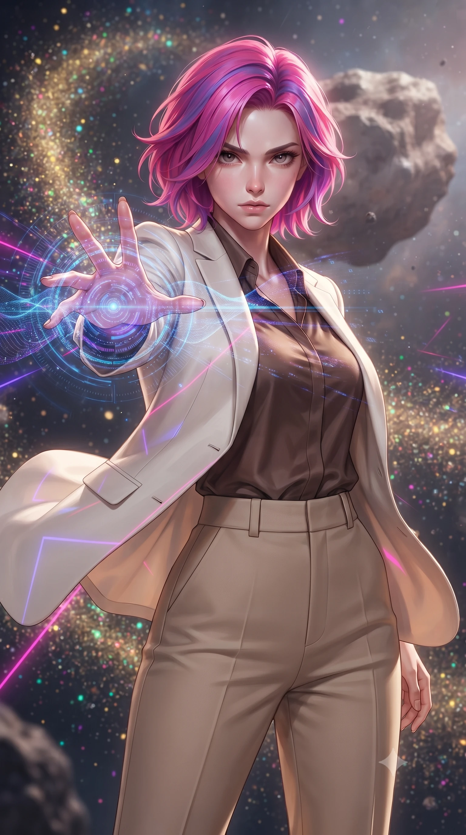 score_9, masterpiece, best quality, ultra-detailed, high-budget anime keyframe, editorial fashion photography, tasteful artistic composition, realistic cosplay photography, Caucasian woman, strictly human ears. close-up cowboy shot from the waist and thighs up, the character dominates the composition, filling the frame with her large presence, background elements kept in soft focus. Casting a digital tracking wave with an outstretched hand, her gaze locked on the escaping target. set against a soft-focus background of caught in a space storm of glittering gold cosmic dust particles, swirling in magnetic currents around a rocky asteroid. She has an exceptionally elegant and slender, willowy female figure with an ultra-slim waist, a gracefully sculpted slender torso, and a refined slim physique. sharp v-shaped jawline, high-bridge nose, intricate jewel-like eyes with depth, thick eyelashes, glossy lips with a natural sheen. wearing the lightweight fabric rippling and billowing dramatically with her movement, a form-contouring structured ivory blazer over a cocoa brown silk blouse, paired with high-waisted sand-colored tailored trousers. laser lines of violet and hot pink reflecting off surfaces casting geometric neon highlights. ultra-reflective glossy finish, specular highlights, metallic sheen, high-contrast stereoscopic depth, volumetric dynamic lighting, 2k, ultra detail, master piece, 9:16 ratio