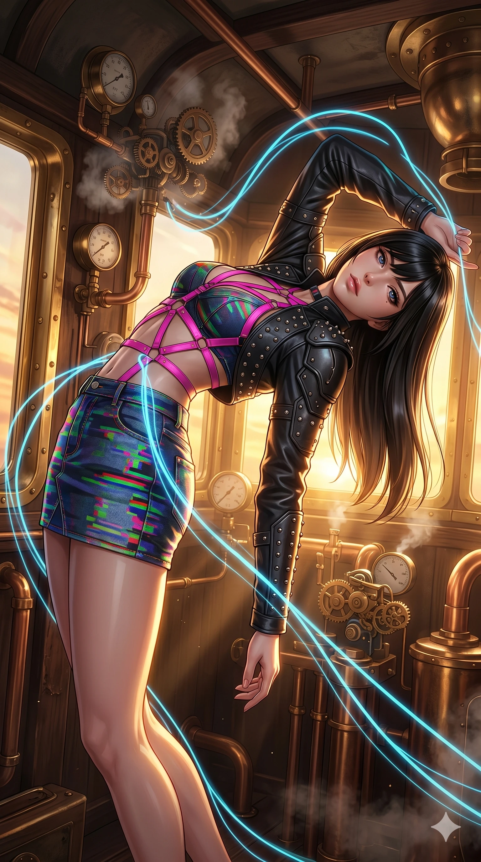 score_9, masterpiece, best quality, ultra-detailed, high-budget anime keyframe, editorial fashion photography, tasteful artistic composition, Caucasian woman, strictly human ears. upper body close-up from the thighs up, character filling the screen for maximum presence. bending backwards under inside a steampunk airship cabin with brass instruments and floating gearsets as neon blue fluid lines follow her path like light trails. She has an absolutely perfect 8-heads proportion, an exceptionally tall and slender female figure with impossibly long slender legs and an ultra-slim waist. V-shaped jawline, high-bridge nose, intricate jewel-like eyes with depth, thick eyelashes, glossy lips with a natural sheen.. wearing a glitch denim and studded leather outfit, featuring an RGB glitch pattern denim structured mini-skirt, a single-sleeve cropped leather jacket, and neon pink harness straps. bathed in warm sunset rays that create a soft gold glow along her slender athletic build. 2k, ultra detail, master piece, 9:16 ratio