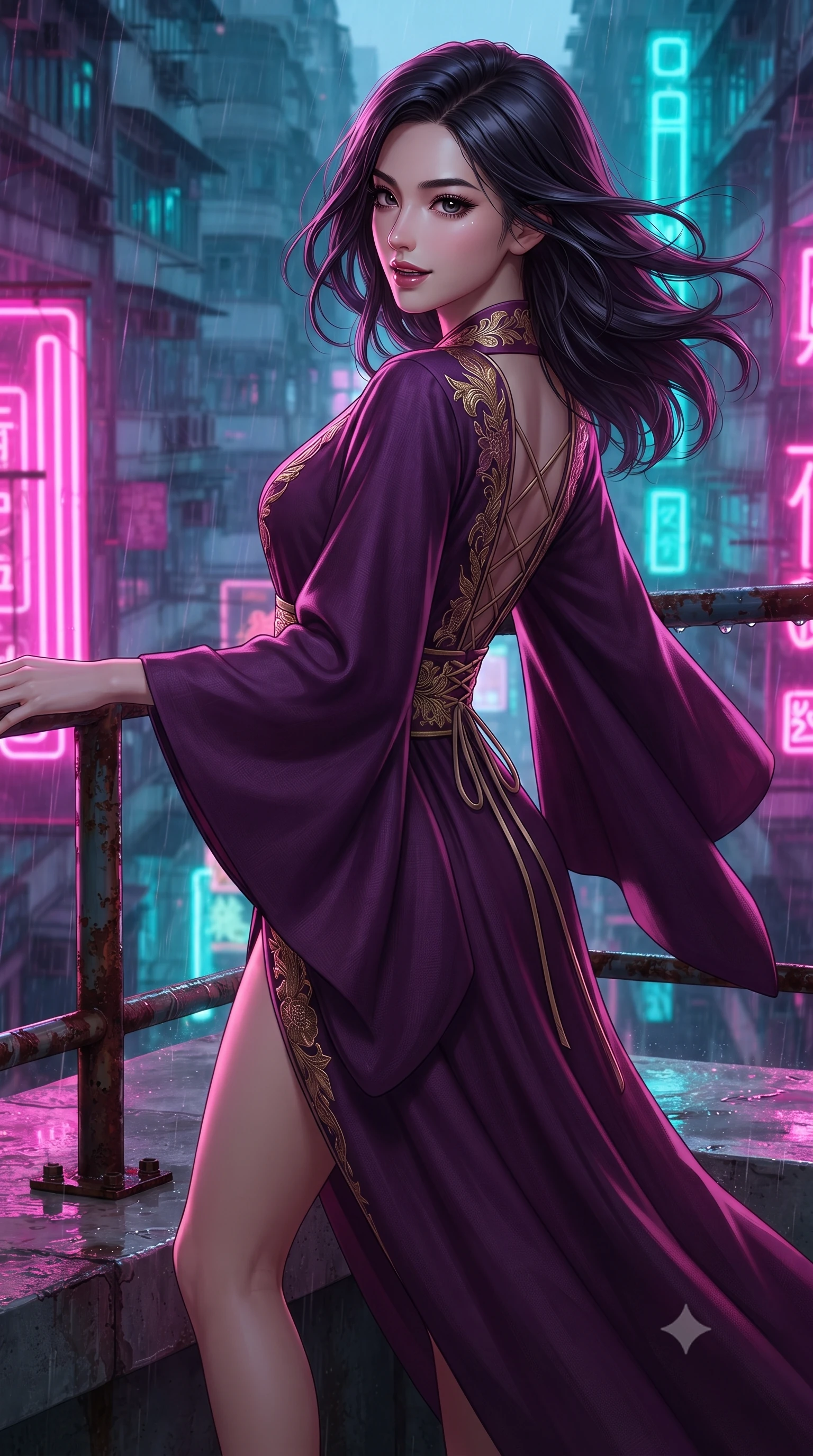 score_9, masterpiece, best quality, ultra-detailed, high-budget anime keyframe, editorial fashion photography, tasteful artistic composition, Japanese woman. close-up cowboy shot from the waist and thighs up, the character dominates the composition, filling the frame with her large presence. turning slowly with a smoldering smile, her glossy dark hair tossing in the evening breeze as her hips angle gracefully in a captivating contrapposto while standing poised on the high garden ledge above the neon canyon of Hong Kong, arching her back with fearless supermodel glamour. The surrounding environment is rendered in vivid detail and crisp panoramic clarity: sharp neon glass tube filaments, wet concrete roof textures, and iron railing bolts in deep focus. She has an exceptionally elegant, slender, and willowy female figure with an ultra-slim waist, flat toned midriff, narrow ribcage, and sculpted feminine hips creating an alluring, slim hourglass silhouette without bulk. sharp v-shaped jawline, high-bridge nose, intricate jewel-like dark sparkling almond eyes with depth, thick lashes, glossy parted lips with a natural rose-plum sheen, bright alluring and coquettish smile with bedroom-eyes, exuding both timeless oriental elegance and sovereign high-fashion allure, flawlessly proportioned anatomical accuracy, strict slender model proportions, natural body alignment, perfectly sculpted long slender limbs, ultra-slim waistline, clean dynamic posture without body distortion. wearing a deep plunging-V modern kimono gown with wide flowing sleeves and a waist-cinching gold embroidered sash in rich plum violet and gilded bronze embroidery, tailored from fine crisp cotton-linen with clean structural lines, finished with criss-cross back satin laces tracing her slender spine, the form-fitting tailored bodice adhering flawlessly to her sculpted flat midriff and slender torso, emphasizing her long leg lines and perfectly proportioned willowy build. bathed in intense, high-contrast neon magenta and electric turquoise underlights bouncing off wet surfaces. ultra-reflective glossy finish, specular highlights, rich textural contrasts, high-contrast stereoscopic depth, volumetric dynamic lighting, 2k, ultra detail, master piece, 9:16 ratio