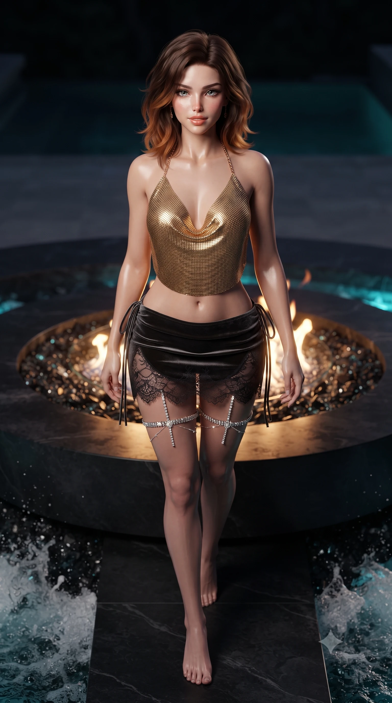 score_9, masterpiece, best quality, ultra-detailed, high-budget anime keyframe, editorial fashion photography, tasteful artistic composition, Korean woman. low angle full-body shot from head to toe showing her feet, filling the entire 9:16 vertical frame with her statuesque presence, stretching her vertical silhouette. stepping slowly toward the camera with hypnotic grace, hips swaying in an alluring sensual rhythm that accentuates her curvy hourglass silhouette and long slender legs while twisting her slender torso in an alluring S-curve, dancing natural gas flames and coastal night breezes sculpting highlights on her curves. The surrounding environment is rendered in vivid detail and crisp panoramic clarity: sharp basalt stone fire table rim, crushed volcanic glass fire pebbles, and crashing sea foam spray below in deep focus. She has an absolutely perfect, statuesque 8.5-heads proportion, an exceptionally tall and slender model-like female figure with impossibly long slender legs, an ultra-slim waist, a flat toned midriff, narrow delicate ribcage, and beautifully sculpted feminine hips creating a graceful, slim hourglass silhouette without any bulky heaviness. sharp v-shaped jawline, high-bridge nose, sparkling eyes with hypnotic seductive depth, thick curled eyelashes, glossy parted lips with a natural dewy peach sheen, alluring bedroom-eyes with an enchanting coquettish smile, exuding magnetic siren charisma and sophisticated glamour, flawlessly proportioned anatomical accuracy, strict slender model proportions, natural body alignment, perfectly sculpted long slender limbs, ultra-slim waistline, clean dynamic posture without body distortion. wearing a liquid gold chainmail cowl halter top paired with an ultra-low-rise velvet mini skirt and side rhinestone ties in Ayung volcanic charcoal and molten bronze, made of delicate semi-sheer French Chantilly lace with intricate eyelash edges, finished with delicate crystal-encrusted thigh garter straps glinting in the dim light, the liquid-tight tailored fabric clinging flawlessly to her narrow waist and rounded feminine hips, emphasizing every millimeter of her sculpted slim hourglass curves without any bulky heaviness. bathed in the warm dynamic flicker of the central fire table mixed with subtle turquoise pool courtesy lights. ultra-reflective glossy finish, specular highlights, rich textural contrasts, high-contrast stereoscopic depth, volumetric dynamic lighting, 2k, ultra detail, master piece, 9:16 ratio