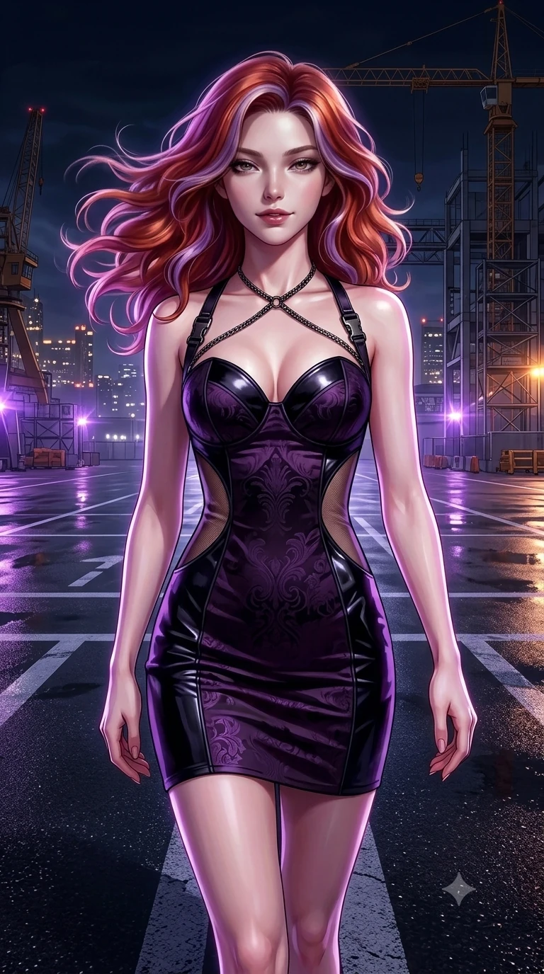 score_9, masterpiece, best quality, ultra-detailed, high-budget anime keyframe, semi-realistic 3D game render, editorial fashion photography, tasteful artistic composition, Caucasian woman. close-up cowboy shot from the waist and thighs up, the character dominates the composition, filling the frame with her large presence. smiling with quiet, magnetic self-assurance directly into the camera with heavy-lidded sparkling eyes while striding confidently across the tarmac markings, nocturnal gale-force breezes whipping her garments open to accentuate her long slender legs. The surrounding environment is rendered in vivid detail and crisp panoramic clarity: detailed wet-look vinyl bodysuit cling, tactical hardware buckles, and mega-engineering structures in razor-sharp precision. She has an exceptionally elegant, slender, and willowy female figure with an ultra-slim waist, flat toned midriff, narrow ribcage, and sculpted feminine hips creating an alluring, slim hourglass silhouette without bulk. sharp v-shaped jawline, high-bridge nose, intricate jewel-like dark sparkling eyes with hypnotic seductive depth, thick curled eyelashes, glossy parted lips with a natural wine sheen, alluring bedroom-eyes with an enigmatic smoldering smile, exuding magnetic sovereign charisma and dark avant-garde glamour, flawlessly proportioned anatomical accuracy, strict slender model proportions, natural body alignment, perfectly sculpted long slender limbs, ultra-slim waistline, clean dynamic posture without body distortion. wearing an alluring plunging sweetheart bodice dress with sheer mesh side-waist cutouts contouring her ribs in obsidian black and dark plum violet, tailored from rich silk jacquard with subtle embossed baroque patterns, accented with a dark metallic body chain harness subtly framing her dewy collarbones and spine, the form-fitting cut adhering flawlessly to her sculpted flat midriff and slender torso, emphasizing her long leg lines and perfectly proportioned willowy build. bathed in rhythmic pulsing violet strobe flashes contrasted with ambient city light glow. highly saturated vibrant anime colors, detailed shading with soft gradients, rich glossy textures, high-contrast stereoscopic depth, volumetric dynamic lighting, master piece, 9:16 ratio