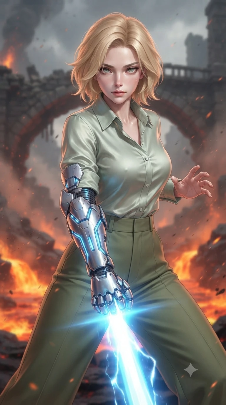 score_9, masterpiece, best quality, ultra-detailed, high-budget anime keyframe, editorial fashion photography, tasteful artistic composition, realistic cosplay photography, Caucasian woman, strictly human ears. close-up cowboy shot from the waist and thighs up, the character dominates the composition, filling the frame with her large presence, background elements kept in soft focus. Deflecting an incoming plasma strike with her armored gauntlet in a powerful defensive stance. set against a soft-focus background of a crumbling stone bridge over a roaring river of molten orange lava, volcanic ash swirling in the heated updrafts. She has an exceptionally elegant and slender, willowy female figure with an ultra-slim waist, a gracefully sculpted slender torso, and a refined slim physique. sharp v-shaped jawline, high-bridge nose, intricate jewel-like eyes with depth, thick eyelashes, glossy lips with a natural sheen. wearing tailored for maximum mobility, sleek form-contouring panels that allow fluid movement, a form-contouring pale sage green button-down silk shirt tucked into high-waisted olive green wide-leg trousers. pulsing electric blue plasma arc lighting rising dramatically from below. ultra-reflective glossy finish, specular highlights, metallic sheen, high-contrast stereoscopic depth, volumetric dynamic lighting, 2k, ultra detail, master piece, 9:16 ratio