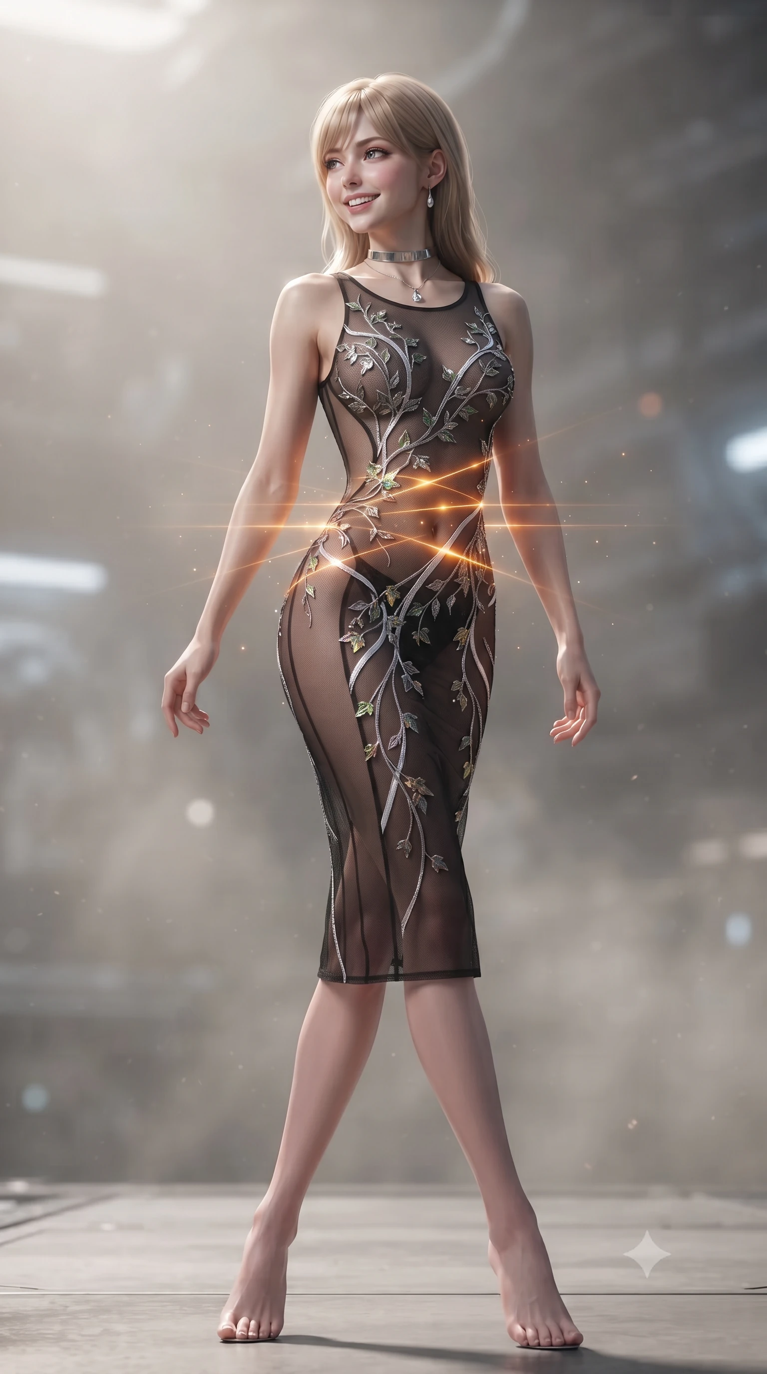 score_9, masterpiece, best quality, ultra-detailed, high-budget anime keyframe, editorial fashion photography, tasteful artistic composition, Japanese woman. low angle full-body shot from head to toe showing her feet, filling the entire 9:16 vertical frame with her statuesque presence, stretching her vertical silhouette. walking along the terrace with poise, looking back over her bare shoulder with an irresistible smoldering bedroom-gaze while twisting her slender torso in an alluring S-curve, glowing amber diagnostic lasers and starlight painting sensual light ribbons across her flat midriff and hips. The background shows a soft-focus zero-gravity particulate haze softened in orbital defense armory shallow focus. She has an exceptionally tall and slender model-like 8.5-heads proportion, an ultra-slim waist, a flat toned midriff, narrow delicate ribcage, and beautifully sculpted feminine hips creating a graceful, slim hourglass silhouette without any bulky heaviness, with impossibly long slender legs. sharp v-shaped jawline, high-bridge nose, intricate jewel-like sparkling eyes with depth, thick eyelashes, glossy parted lips with a natural peach sheen, bright cheerful beaming smile with an enchanting and coquettish sensual glint, exuding both youthful cute charm and seductive allure, flawlessly proportioned anatomical accuracy, strict slender model proportions, natural body alignment, perfectly sculpted long slender limbs, ultra-slim waistline, clean dynamic posture without body distortion. wearing a provocative sheer noir illusion mesh combat dress with embroidered climbing metallic ivy ribbons contouring her curves in solar-sail rainbow diffraction and titanium white, featuring strategic sheer-illusion tulle side panels framing her ribcage and hips, finished with a minimalist chrome choker and a single teardrop diamond pendant, the impeccably tailored cut draping gracefully along her slender figure with aristocratic poise. bathed in crisp white 5000K inspection spotlights combined with glowing amber laser alignment grids. ultra-reflective glossy finish, specular highlights, rich textural contrasts, high-contrast stereoscopic depth, volumetric dynamic lighting, 2k, ultra detail, master piece, 9:16 ratio