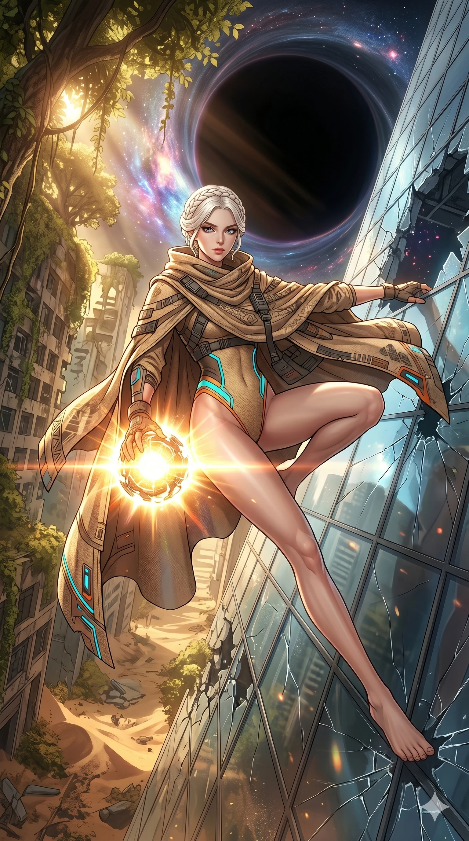 score_9, masterpiece, best quality, ultra-detailed, Set A: High-budget Anime Keyframe, Caucasian (human ears) woman. Low angle cowboy shot filling the entire 9:16 frame with her statuesque presence. Theme: Urban Decay. sliding down a glass skyscraper in the edge of a black hole, holding a glowing core that hums with the power of 272 suns. The atmosphere is filled with cinematic sunlight through leaves. She has an absolutely perfect 8-heads proportion, an exceptionally tall and slender female figure with impossibly long slender legs and an ultra-slim waist. Sharp v-shaped jawline, high-bridge nose, intricate jewel-like eyes with depth, glossy lips. Wearing Desert-nomad tech-cloak over a high-cut sandy-textured bodysuit with neon accents. Cinematic lighting, vivid colors, dramatic shadows, 2k, ultra detail, master piece, 9:16 ratio