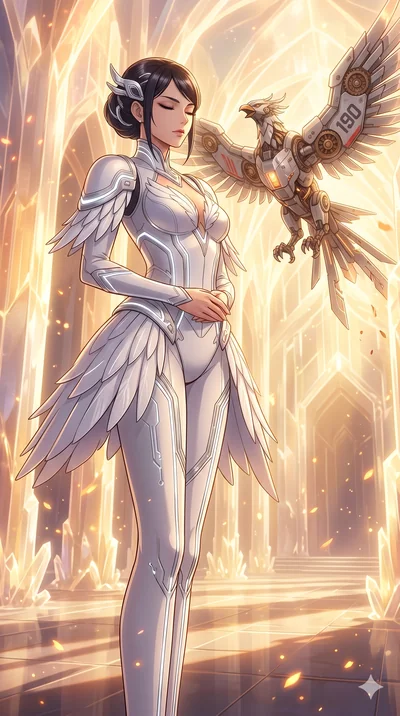 score_9, masterpiece, best quality, ultra-detailed, Set A: High-budget Anime Keyframe, Japanese woman. Low angle cowboy shot filling the entire 9:16 frame with her statuesque presence. Theme: Ethereal Dream. meditating in a temple made of solid light