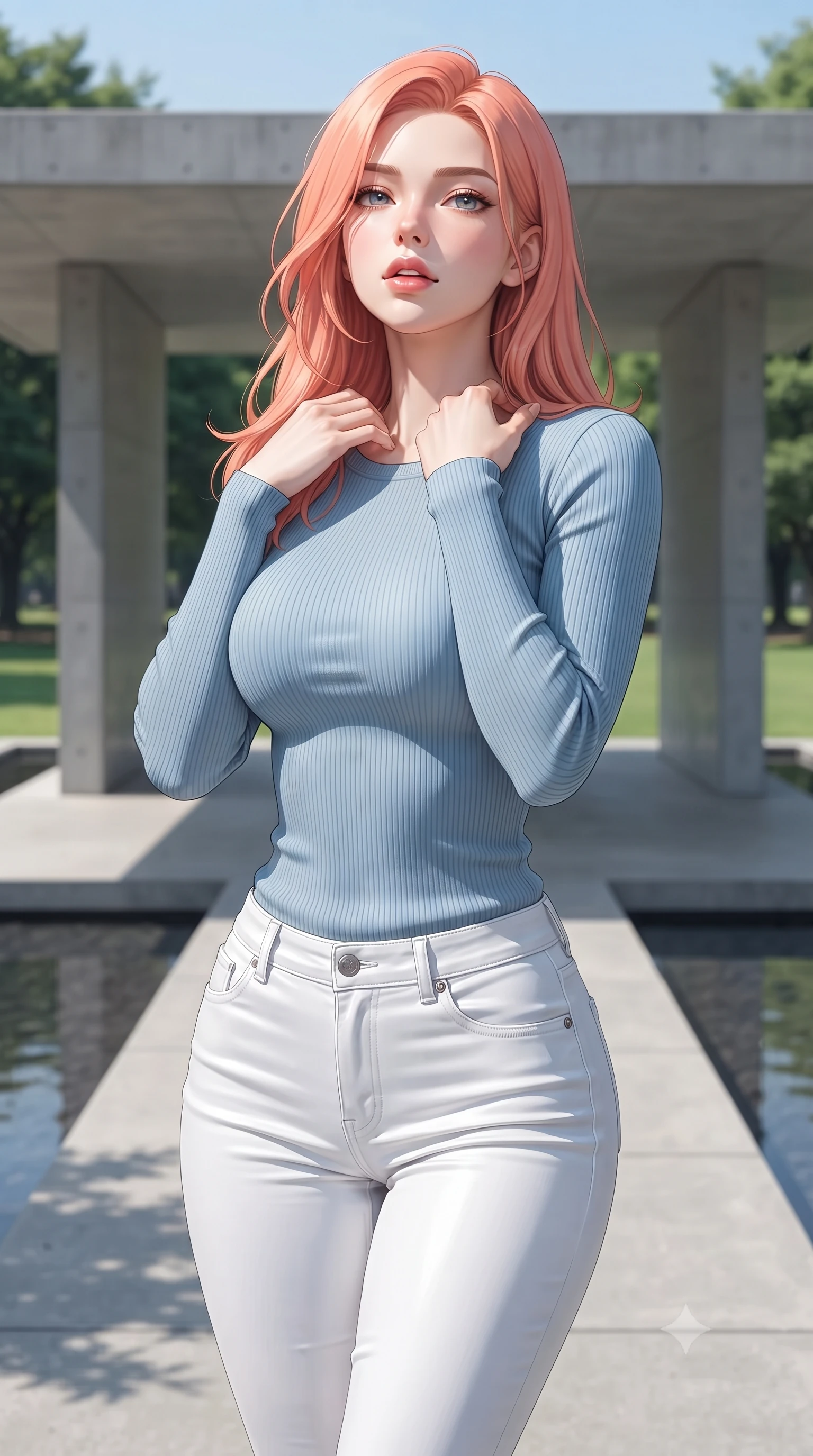 score_9, masterpiece, best quality, ultra-detailed, high-budget anime keyframe, editorial fashion photography, tasteful artistic composition, Japanese woman woman. close-up cowboy shot from the waist and thighs up, the character dominates the composition, filling the frame with her large presence, background elements kept in soft focus. tilting her chin up slightly with lips parted in a composed, provocative expression the background shows a soft-focus a minimalist concrete pavilion in a green park, with water pools reflecting the structure. She has an exceptionally elegant, slender, and willowy female figure with an ultra-slim waist, a gracefully sculpted slender torso, and a refined silhouette. sharp v-shaped jawline, high-bridge nose, intricate jewel-like eyes with depth, thick eyelashes, glossy lips with a natural sheen. wearing a form-contouring body-hugging light blue ribbed long-sleeve top paired with tight white denim pants. bright midday sun rays creating clean, sharp shadows and reflections. ultra-reflective glossy finish, specular highlights, metallic sheen, high-contrast stereoscopic depth, volumetric dynamic lighting, 2k, ultra detail, master piece, 9:16 ratio