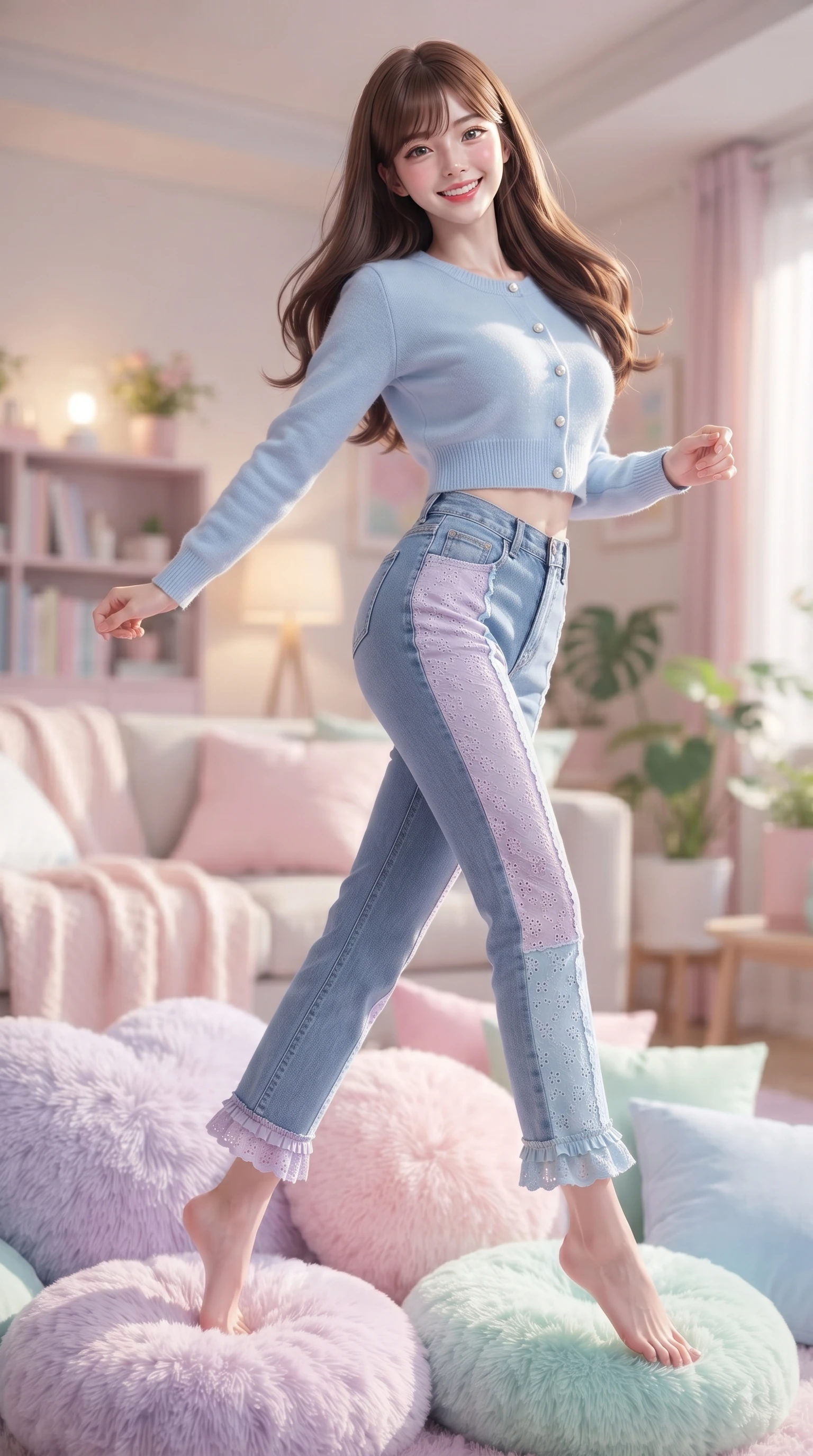 score_9, masterpiece, best quality, ultra-detailed, high-budget anime keyframe, editorial fashion photography, tasteful artistic composition, Korean woman. low angle full-body shot from head to toe showing her feet, filling the entire 9:16 vertical frame with her statuesque presence, stretching her vertical silhouette. leaping with pure youthful energy through the scene with a radiant bright smile, her long slender legs balanced gracefully while resting playfully on fluffy pastel cushions while looking directly at the camera with a radiant smile. The composition keeps background elements in soft focus with dreamy bokeh. cozy pastel living room decor and soft textile textures blurred smoothly behind her. She has an absolutely perfect, statuesque 8.5-heads proportion, an exceptionally tall and slender model-like female figure with impossibly long slender legs and an ultra-slim waist. sharp v-shaped jawline, high-bridge nose, intricate jewel-like eyes with depth, thick eyelashes, glossy lips with a natural sheen, flawlessly proportioned anatomical accuracy, natural body alignment, perfectly sculpted elegant limbs, clean dynamic posture without body distortion. wearing a casual chic pastel blue cropped cardigan with high-rise straight-leg denim jeans in soft pastel lavender and sky blue, woven with delicate eyelet lace and soft cotton, finished with subtle ruffle trims and delicate pearl buttons, the tailored casual silhouette highlighting her fresh and youthful presence. illuminated by cozy ambient indoor glow and clean natural sunlight. ultra-reflective glossy finish, specular highlights, metallic sheen, high-contrast stereoscopic depth, volumetric dynamic lighting, 2k, ultra detail, master piece, 9:16 ratio