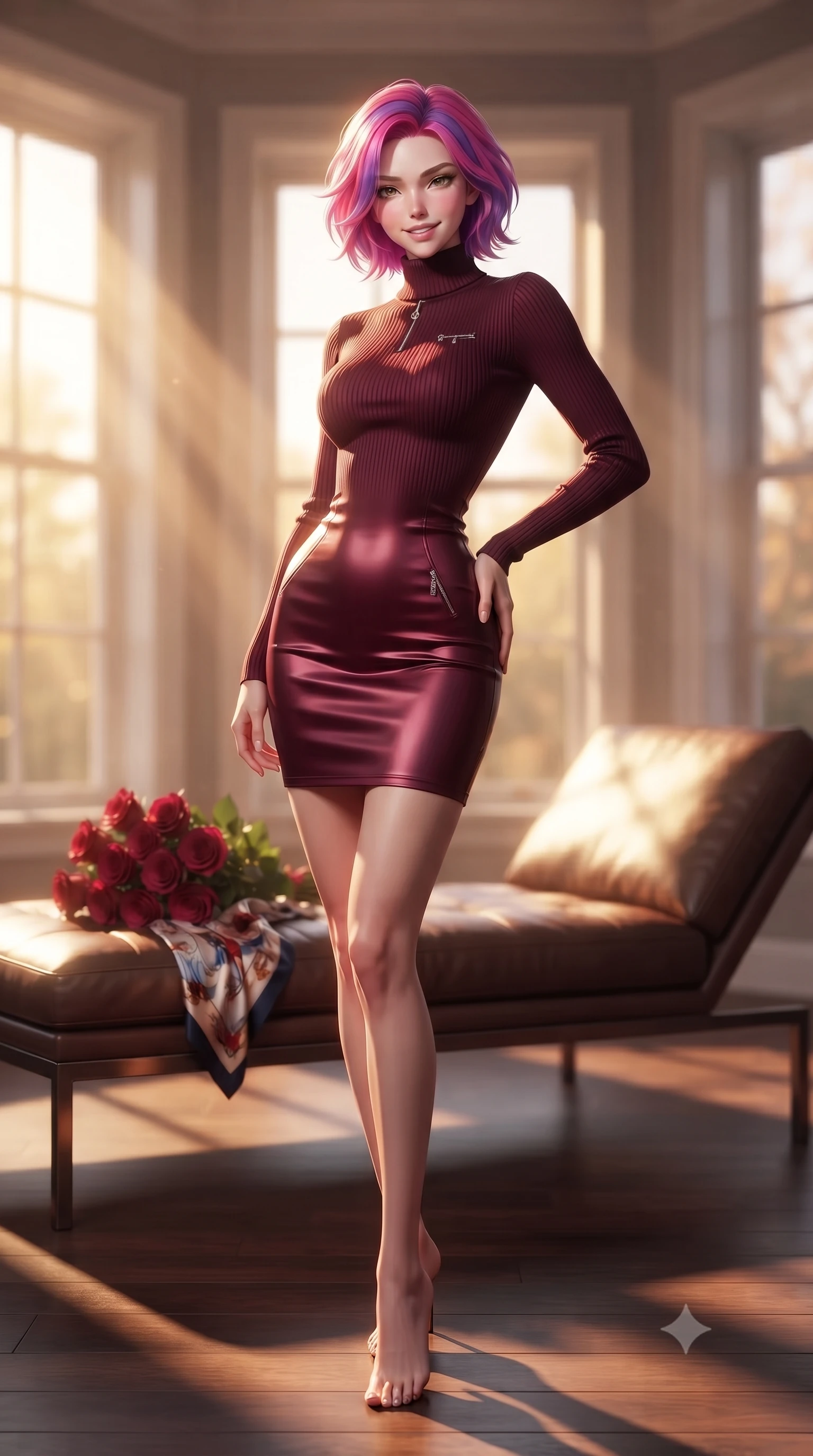 score_9, masterpiece, best quality, ultra-detailed, high-budget anime keyframe, editorial fashion photography, tasteful artistic composition, Caucasian woman. low angle full-body shot from head to toe showing her feet, filling the entire 9:16 vertical frame with her statuesque presence, stretching her vertical silhouette. standing in a captivating power pose with her back slightly arched, resting one hand near her hip with a magnetic smile set against a soft-focus background of inside an exclusive sunroom alcove with a bouquet of crimson roses and a silk scarf resting on the leather seat. She has an absolutely perfect, statuesque 8.5-heads proportion, an exceptionally tall and slender model-like female figure with impossibly long slender legs and an ultra-slim waist. sharp v-shaped jawline, high-bridge nose, intricate jewel-like eyes with depth, thick eyelashes, glossy lips with a natural sheen. wearing body-hugging deep burgundy liquid satin form-fitting ribbed knit turtleneck dress outlining her slender silhouette accented with delicate silver hardware. bathed in warm golden hour sunbeams that cast long, romantic shadows across the floor. ultra-reflective glossy finish, specular highlights, metallic sheen, high-contrast stereoscopic depth, volumetric dynamic lighting, 2k, ultra detail, master piece, 9:16 ratio