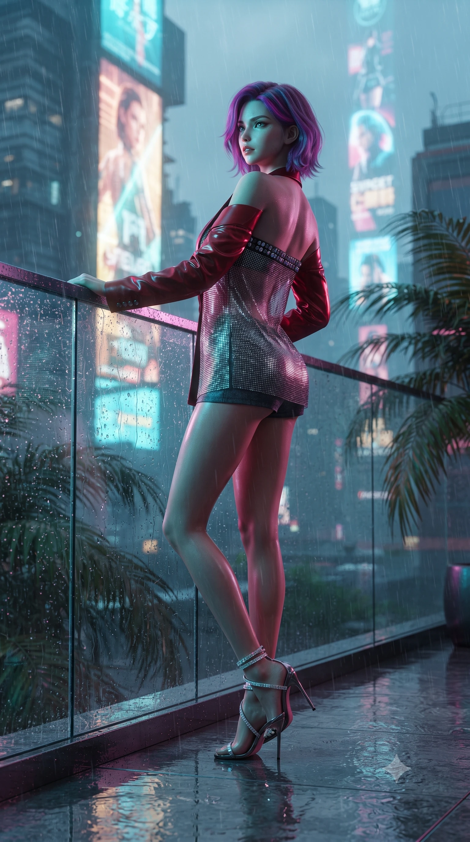 score_9, masterpiece, best quality, ultra-detailed, high-budget anime keyframe, editorial fashion photography, tasteful artistic composition, Caucasian woman. low angle full-body shot from head to toe showing her feet, filling the entire 9:16 vertical frame with her statuesque presence, stretching her vertical silhouette. walking along the terrace with poise, looking back over her bare shoulder with an irresistible smoldering bedroom-gaze while leaning against the wet glass parapet with hips cocked back, looking through heavy rain toward towering holographic advertisements. The background shows a soft-focus wet tropical palm leaves softened in cinematic cyberpunk shallow focus. She has an absolutely perfect, statuesque 8.5-heads proportion, an exceptionally tall and slender model-like female figure with impossibly long slender legs, an ultra-slim waist, a flat toned midriff, narrow delicate ribcage, and beautifully sculpted feminine hips creating a graceful, slim hourglass silhouette without any bulky heaviness. sharp v-shaped jawline, high-bridge nose, sparkling eyes with hypnotic seductive depth, thick curled eyelashes, glossy parted lips with a natural dewy peach sheen, alluring bedroom-eyes with an enchanting coquettish smile, exuding magnetic siren charisma and sophisticated glamour, flawlessly proportioned anatomical accuracy, strict slender model proportions, natural body alignment, perfectly sculpted long slender limbs, ultra-slim waistline, clean dynamic posture without body distortion. wearing a tailored open-front satin smoking jacket worn over a jewel-embellished bandeau and micro-shorts in rich cherry lacquer and smoky charcoal, crafted from shimmering fluid chainmail mesh reflecting ambient lights, complemented by strappy stiletto sandals with crystal ankle wraps accentuating her slender calves, the high-slit wrap tailoring accentuating her ultra-slim waistline and the enchanting curve of her feminine hips with alluring seductive charm. illuminated by wet floor specular reflections and sharp magenta-cyan rim lights sculpting her razor-sharp jawline, narrow waist, and curvy hips. ultra-reflective glossy finish, specular highlights, rich textural contrasts, high-contrast stereoscopic depth, volumetric dynamic lighting, 2k, ultra detail, master piece, 9:16 ratio