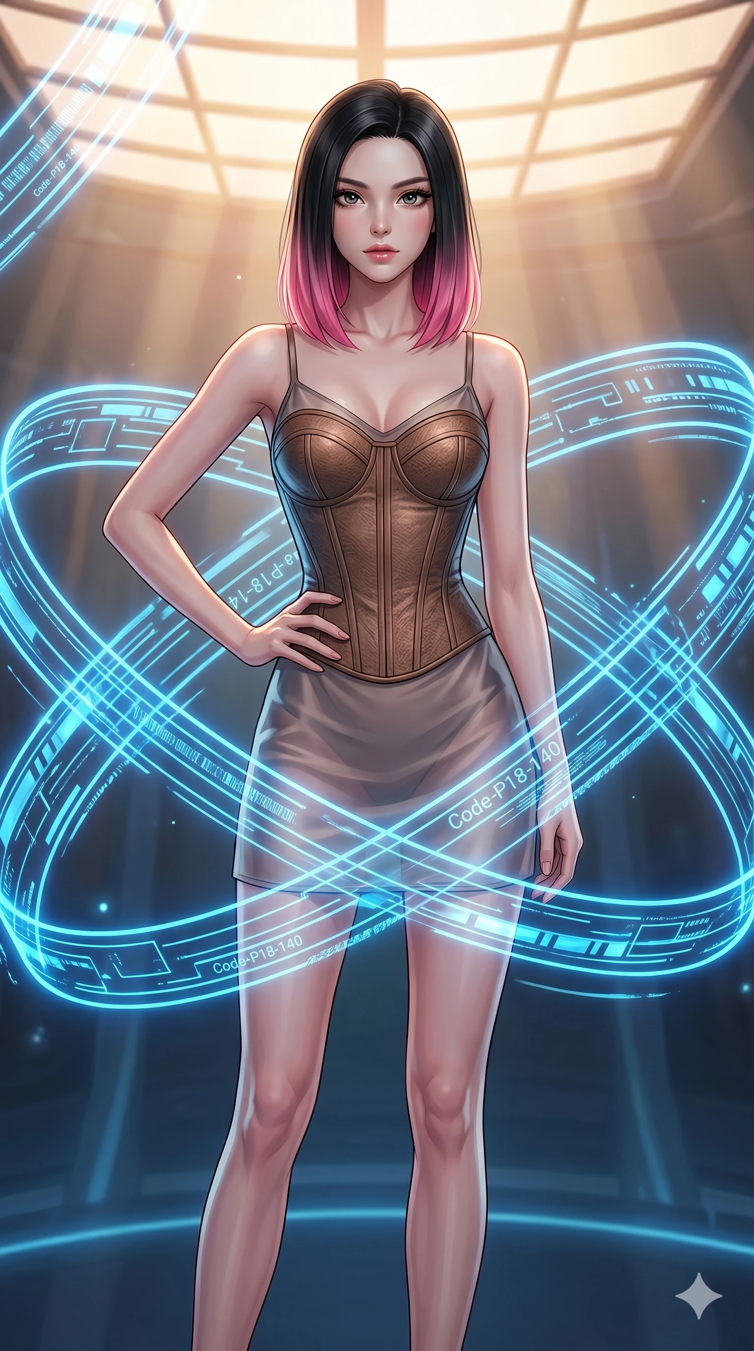 score_9, masterpiece, best quality, ultra-detailed, high-budget anime keyframe, editorial fashion photography, tasteful artistic composition, Korean woman. cowboy shot from the thighs up, character and outfit filling the frame for maximum editorial presence. resting her hand on her hip, looking directly into the camera in a digital void chamber with rotating holographic neon blue rings (Code-P18-140). She has an absolutely perfect 8-heads proportion, an exceptionally tall and slender female figure with impossibly long slender legs and an ultra-slim waist. V-shaped jawline, high-bridge nose, intricate jewel-like eyes with depth, thick eyelashes, glossy lips with a natural sheen. wearing a custom leather corset over a semi-transparent silk slip dress. soft warm morning sunbeams filtering through the paper screens, casting a gentle glow. 2k, ultra detail, master piece, 9:16 ratio