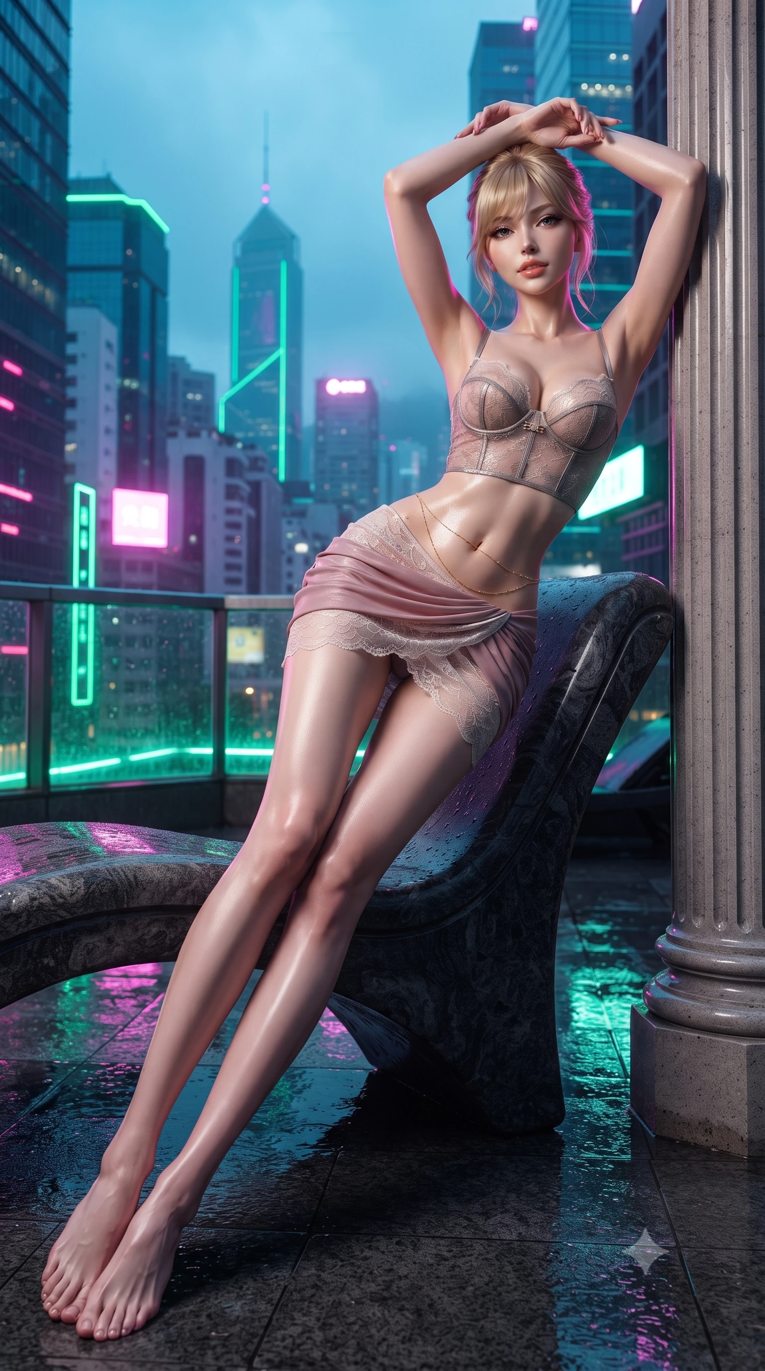 score_9, masterpiece, best quality, ultra-detailed, high-budget anime keyframe, editorial fashion photography, tasteful artistic composition, Japanese woman. low angle full-body shot from head to toe showing her feet, filling the entire 9:16 vertical frame with her statuesque presence, stretching her vertical silhouette. standing tall beside the architectural column, one hand resting high while arching her lower back to emphasize her sculpted feminine hips and slender waist while lounging across a wet-stone outdoor chaise lounge propped on one elbow, her flat midriff and long slender limbs commanding the neon abyss. The surrounding environment is rendered in vivid detail and crisp panoramic clarity: detailed second-skin vinyl catsuit cling, chrome buckle shine, and futuristic Hong Kong skyscraper engineering in razor-sharp precision. She has an absolutely perfect, statuesque 8.5-heads proportion, an exceptionally tall and slender model-like female figure with impossibly long slender legs, an ultra-slim waist, a flat toned midriff, narrow delicate ribcage, and beautifully sculpted feminine hips creating a graceful, slim hourglass silhouette without any bulky heaviness. sharp v-shaped jawline, high-bridge nose, sparkling eyes with hypnotic seductive depth, thick curled eyelashes, glossy parted lips with a natural dewy peach sheen, alluring bedroom-eyes with an enchanting coquettish smile, exuding magnetic siren charisma and sophisticated glamour, flawlessly proportioned anatomical accuracy, strict slender model proportions, natural body alignment, perfectly sculpted long slender limbs, ultra-slim waistline, clean dynamic posture without body distortion. wearing a sculpted underwire demi-bustier in semi-sheer lace paired with an ultra-short draped tulip skirt in dusky blush pink and warm ivory lace, woven from stretch metallic lurex jersey casting radiant starlight glints across her silhouette, accented with a dainty gold belly chain resting across her flat midriff and curving hips, the glove-like clinging cut tightly following the natural contour of her hips and long slender legs with youthful 8.5-heads elegance. illuminated by wet terrace specular reflections and sharp emerald-magenta rim lights sculpting her razor-sharp jawline, narrow waist, and curvy hips. ultra-reflective glossy finish, specular highlights, rich textural contrasts, high-contrast stereoscopic depth, volumetric dynamic lighting, 2k, ultra detail, master piece, 9:16 ratio
