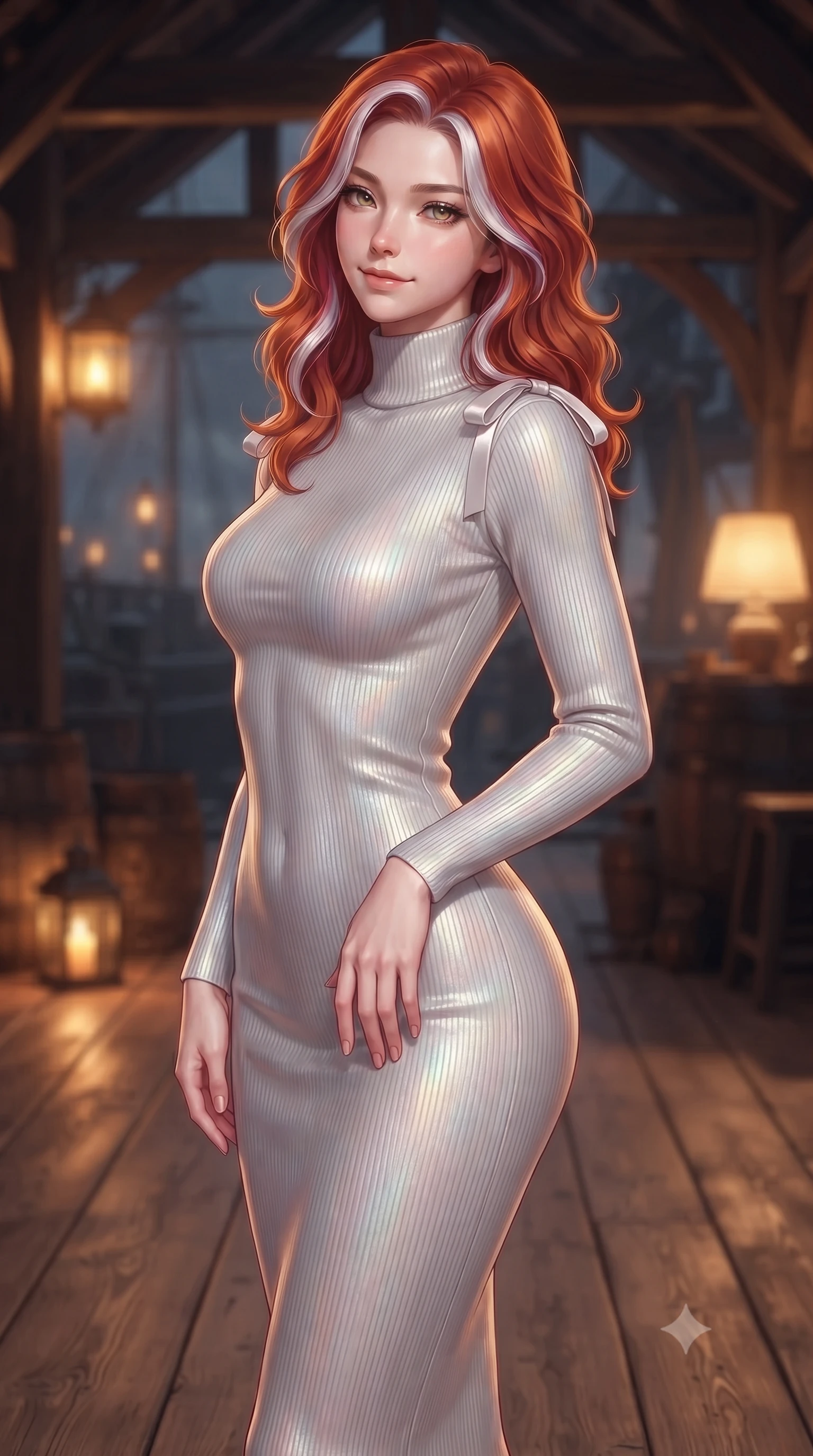 score_9, masterpiece, best quality, ultra-detailed, high-budget anime keyframe, editorial fashion photography, tasteful artistic composition, Caucasian woman. close-up cowboy shot from the waist and thighs up, the character dominates the composition, filling the frame with her large presence. tilting her head with a teasing half-smile, running one hand slowly down the side of her hip in a flirtatious S-curve as ambient light caresses her silhouette while standing poised on the wide-plank oak floor beneath centuries-old exposed ship-timber roof trusses, arching her back with siren allure as evening lantern light flickers. The background shows a soft-focus warm studio lamp glow softened in historic Impressionist port shallow focus. She has an exceptionally elegant, slender, and willowy female figure with an ultra-slim waist, flat toned midriff, narrow ribcage, and sculpted feminine hips creating an alluring, slim hourglass silhouette without bulk. sharp v-shaped jawline, high-bridge nose, intricate jewel-like sparkling eyes with depth, thick eyelashes, glossy parted lips with a natural peach sheen, bright cheerful beaming smile with an enchanting and coquettish sensual glint, exuding both youthful cute charm and seductive allure, flawlessly proportioned anatomical accuracy, strict slender model proportions, natural body alignment, perfectly sculpted long slender limbs, ultra-slim waistline, clean dynamic posture without body distortion. wearing an ultra-sleek French Normandy second-skin ribbed knit turtleneck midi dress hugging every millimeter of her hourglass frame in iridescent mother-of-pearl and liquid molten silver, crafted from bespoke double-faced cashmere with an exceptionally soft tactile finish, finished with satin ribbon ties at the shoulders fluttering in the gentle breeze, the bespoke structured tailoring following the natural line of her 8.5-heads silhouette with refined elegance. illuminated by oak floor bounce and sharp honey-gold rim lights defining her razor-sharp jawline, narrow waist, and curvy hips. ultra-reflective glossy finish, specular highlights, rich textural contrasts, high-contrast stereoscopic depth, volumetric dynamic lighting, 2k, ultra detail, master piece, 9:16 ratio