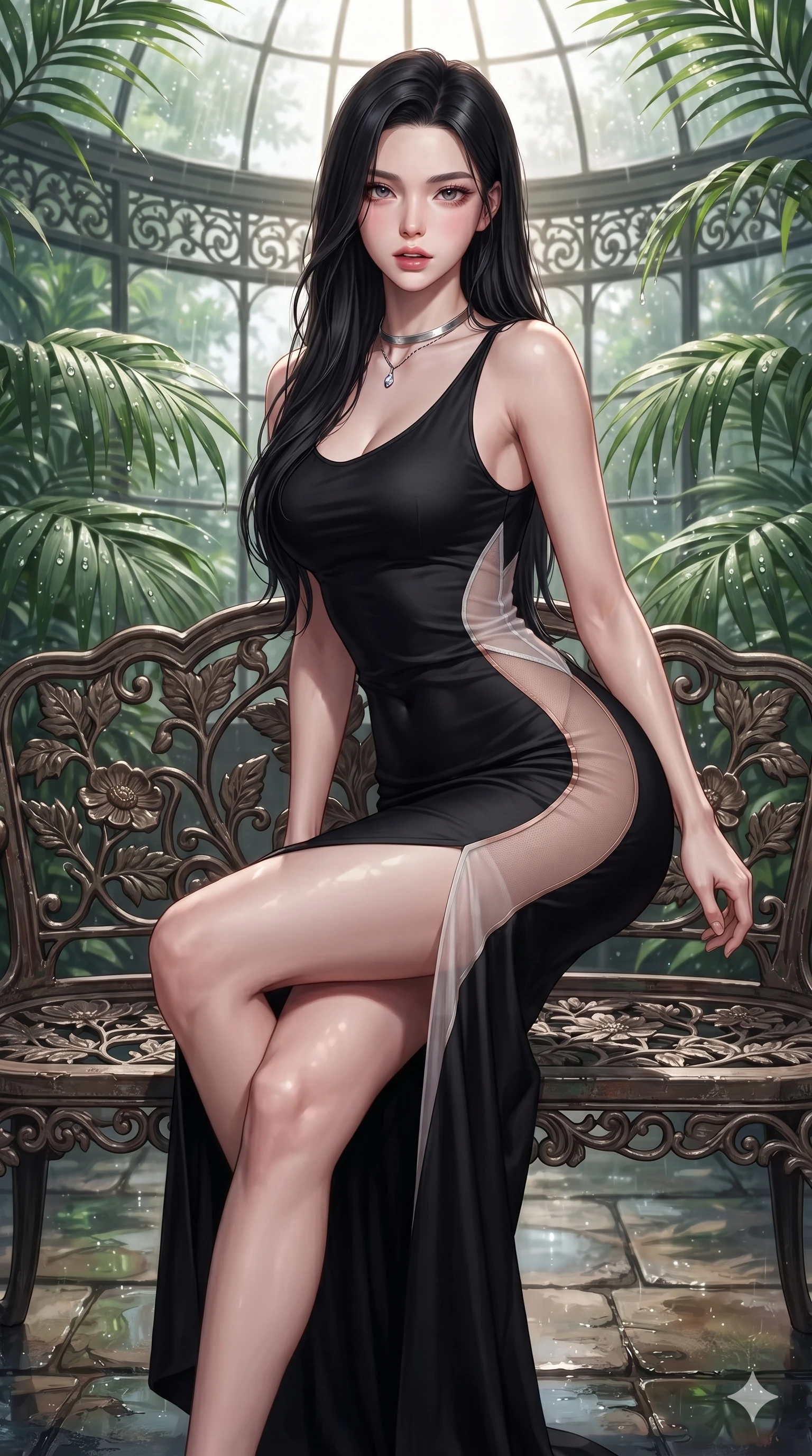score_9, masterpiece, best quality, ultra-detailed, high-budget anime keyframe, editorial fashion photography, tasteful artistic composition, Korean woman. close-up cowboy shot from the waist and thighs up, the character dominates the composition, filling the frame with her large presence. perched sideways on the vintage settee, one knee drawn up to showcase her slender leg line while her arched back accentuates her feminine hip curve while twisting her slender torso in an alluring contrapposto stance, dappled sunbeam patterns and emerald leaf reflections tracing her flat midriff and hourglass curves. The surrounding environment is rendered in vivid detail and crisp panoramic clarity: sharp cast-iron botanical scrollwork, moisture droplets on glossy palm leaves, and crisp glass dome mullions in deep focus. She has an exceptionally elegant, slender, and willowy female figure with an ultra-slim waist, flat toned midriff, narrow ribcage, and sculpted feminine hips creating an alluring, slim hourglass silhouette without bulk. sharp v-shaped jawline, high-bridge nose, intricate jewel-like sparkling eyes with depth, thick eyelashes, glossy parted lips with a natural sheen, intensely captivating and seductive bedroom-eyes expression, exuding both youthful cute charm and sovereign luxury allure, flawlessly proportioned anatomical accuracy, strict slender model proportions, natural body alignment, perfectly sculpted long slender limbs, ultra-slim waistline, clean dynamic posture without body distortion. wearing a second-skin black silk jersey maxi dress with asymmetrical sheer mesh side panels tracing the full curve of her hip in celestial porcelain white and rose-gold, tailored from heavy double-faced silk georgette with an exceptionally fluid drape, finished with a minimalist chrome choker and a single teardrop diamond pendant, the liquid-tight tailored fabric clinging flawlessly to her narrow waist and rounded feminine hips, emphasizing every millimeter of her sculpted slim hourglass curves without any bulky heaviness. illuminated by wet flagstone floor reflections and sharp emerald-gold rim lights sculpting her razor-sharp jawline, narrow waist, and curvy hips. ultra-reflective glossy finish, specular highlights, rich textural contrasts, high-contrast stereoscopic depth, volumetric dynamic lighting, 2k, ultra detail, master piece, 9:16 ratio