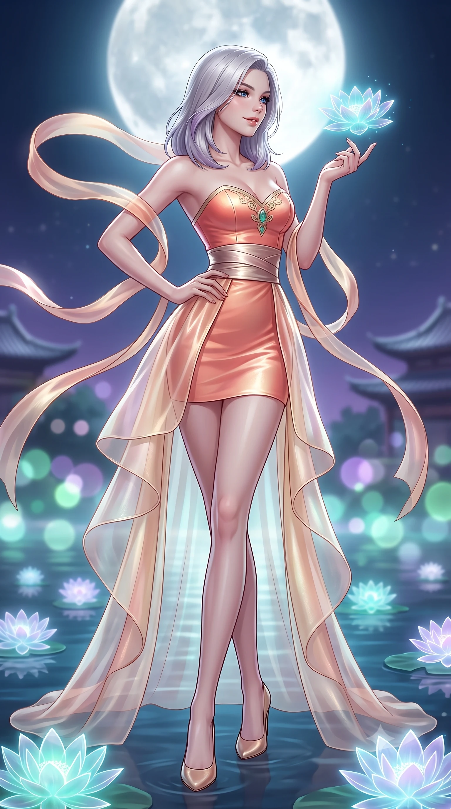 score_9, masterpiece, best quality, ultra-detailed, high-budget anime keyframe, semi-realistic 3D game render, editorial fashion photography, tasteful artistic composition, Caucasian woman. low angle full-body shot from head to toe showing her feet, filling the entire 9:16 vertical frame with her statuesque presence, stretching her vertical silhouette. standing poised with one hip cocked in an alluring high-fashion pose, her tall 8.5-heads proportions dominating the scene while pivoting gracefully as floating holographic lotus blossoms drift across the water, touching one petal with a gentle smile. The composition keeps background elements in soft focus with creamy bokeh. glowing holographic lotus flowers and distant pagoda rooflines blurred into ethereal jade, violet, and silver-white bokeh. She has an absolutely perfect, statuesque 8.5-heads proportion, an exceptionally tall and slender model-like female figure with impossibly long slender legs, a toned flat midriff, and an ultra-slim waist. sharp v-shaped jawline, high-bridge nose, intricate jewel-like eyes with depth, thick eyelashes, glossy lips with a natural sheen, captivating and magnetic expression, flawlessly proportioned anatomical accuracy, strict slender model proportions, natural body alignment, perfectly sculpted long slender limbs, ultra-slim waistline, clean dynamic posture without body distortion. wearing a jade-inlaid silk bustier dress with multi-tiered translucent organza train and metallic sash in sunrise coral and champagne gold, crafted from traditional Korean gossamer silk organza with pearlescent luster, complemented by long flowing silk arm ribbons that float weightlessly in the air, the sleek tailored cut tightly hugging her graceful clavicle, narrow waist, and feminine curves with statuesque precision. bathed in radiant silver-white full moon backlighting and soft cyan holographic lotus glow. highly saturated vibrant anime colors, detailed shading with soft gradients, rich glossy textures, high-contrast stereoscopic depth, volumetric dynamic lighting, master piece, 9:16 ratio