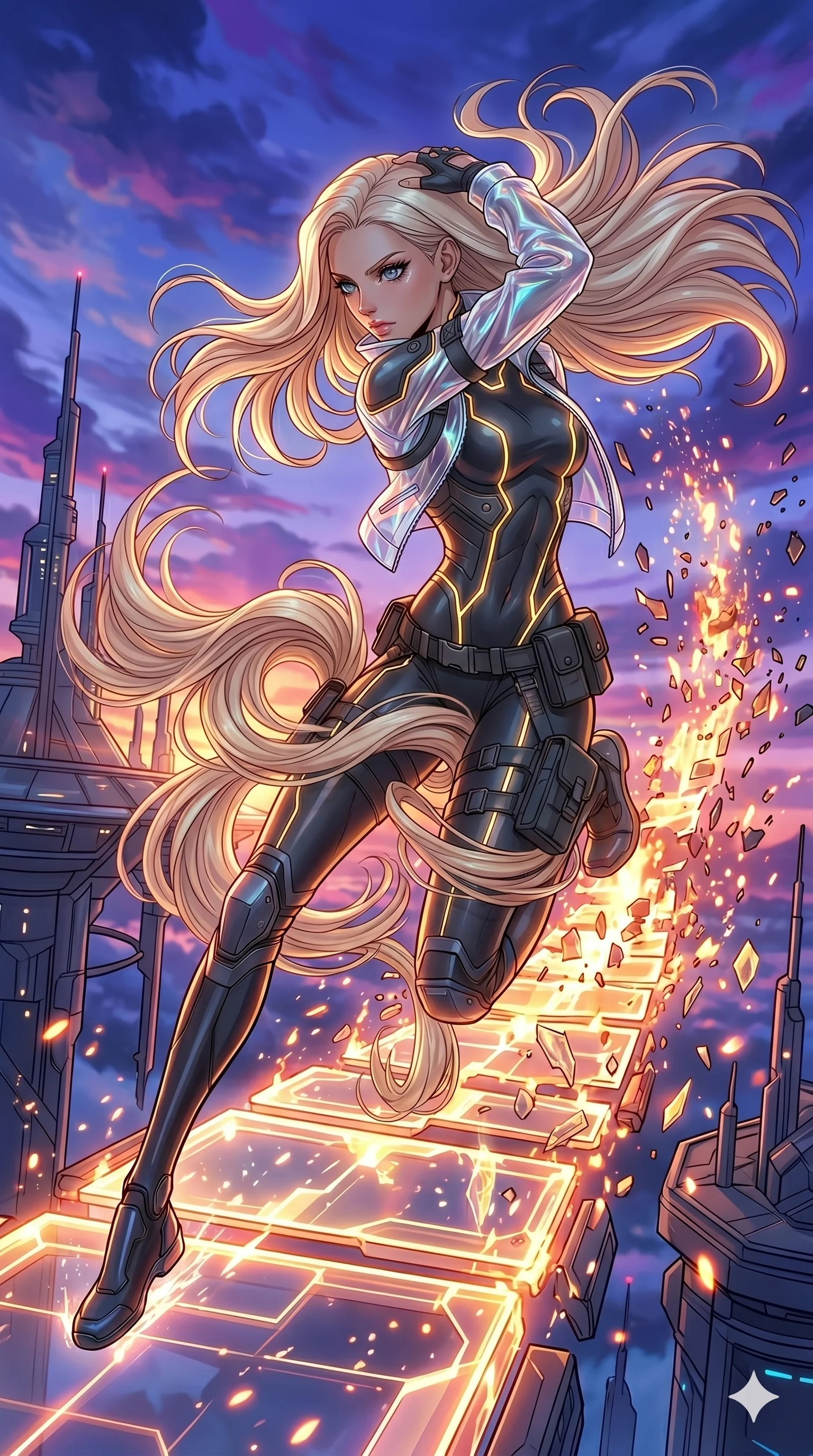score_9, masterpiece, best quality, ultra-detailed, high-budget anime movie keyframe, cinematic anime lighting, intricate line art, Korean woman. Mid-air action shot capturing a graceful twist and vertical silhouette. dashing across a bridge of light as it collapses behind her. She has an absolutely perfect 8-heads proportion, an exceptionally tall and slender female figure with an ultra-slim waist and impossibly long slender legs. strictly human anatomy, two legs only, no extra limbs, clearly defined legs and arms, perfect anatomy, perfect hands and fingers. sharp v-shaped jawline, high-bridge nose, intricate jewel-like eyes, thick eyelashes, glossy lips. Wearing Tech-Fantasy: Cybernetic tech-suit with glowing seams, translucent PVC over leotard, and modular tactical gear. The scene is illuminated by dramatic atmospheric lighting and vibrant color palettes. , 2k, ultra detail, master piece, 9:16 ratio
