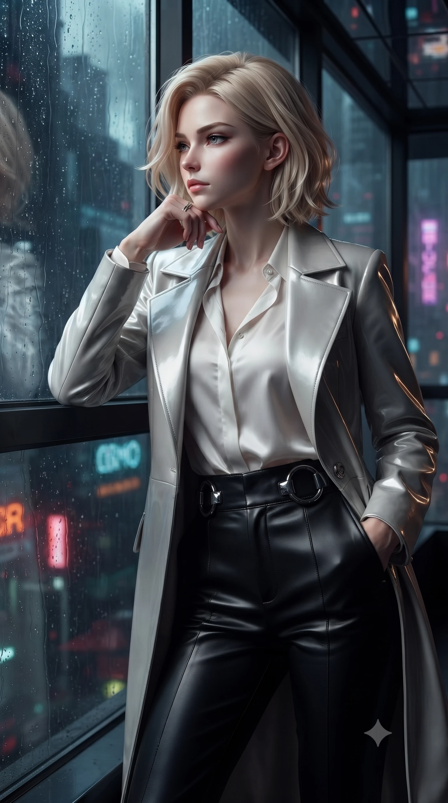 score_9, masterpiece, best quality, ultra-detailed, high-budget anime keyframe, editorial fashion photography, tasteful artistic composition, Caucasian woman. close-up cowboy shot from the waist and thighs up, the character dominates the composition, filling the frame with her large presence, background elements kept in soft focus. Resting her chin on the backs of her fingers with an air of effortless superiority, poised near a rain-streaked panoramic window looking out over a neon metropolis, chic urban cyberpunk allure with intense visual presence. She has an exceptionally elegant, slender, and willowy female figure with an ultra-slim waist, a gracefully sculpted slender torso, and a refined silhouette. sharp v-shaped jawline, high-bridge nose, intricate jewel-like eyes with depth, thick eyelashes, glossy lips with a natural sheen. wearing structured platinum leather long coat over white silk blouse and tailored slacks in pitch-black onyx, made of polished black leather, accented with sculpted obsidian chrome rings at the waist, sculpting her athletic slender build with refined precision. bathed in high-contrast specular reflections from mirror ceilings. ultra-reflective glossy finish, specular highlights, metallic sheen, high-contrast stereoscopic depth, volumetric dynamic lighting, 2k, ultra detail, master piece, 9:16 ratio