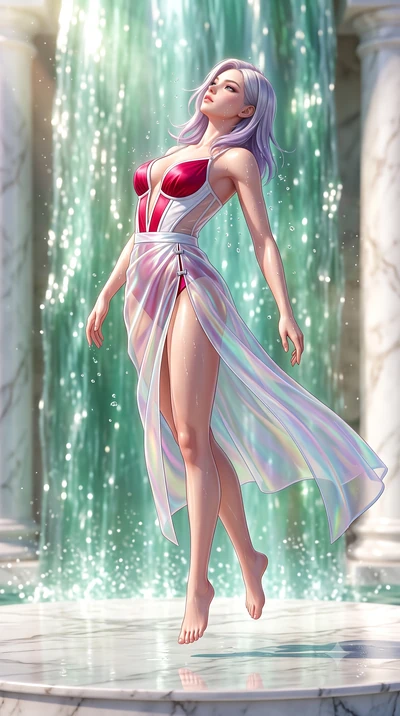 score_9, masterpiece, best quality, ultra-detailed, high-budget anime keyframe, semi-realistic 3D game render, editorial fashion photography, tasteful artistic composition, Caucasian woman. low angle full-body shot from head to toe showing her feet, 
